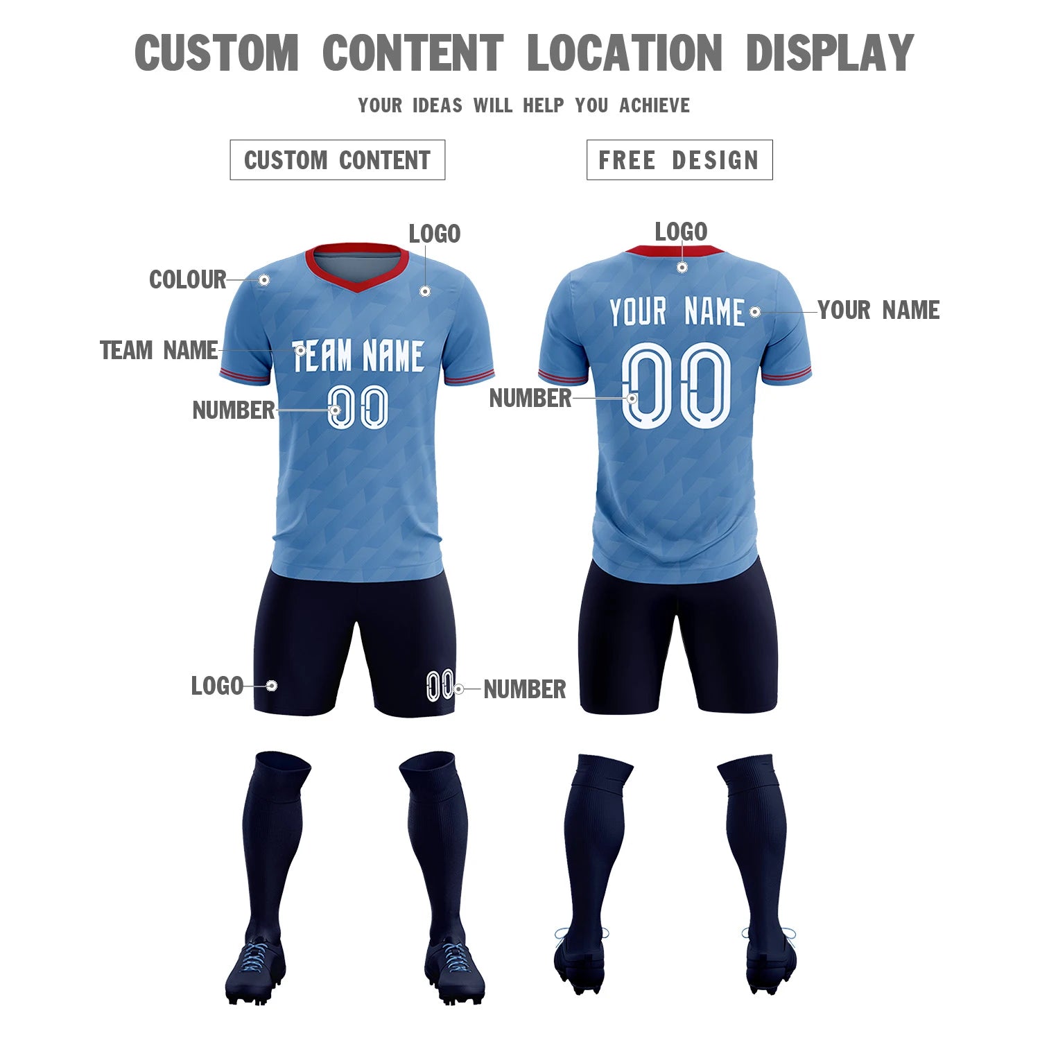 Custom Light Blue Red Training Uniform Soccer Sets Jersey