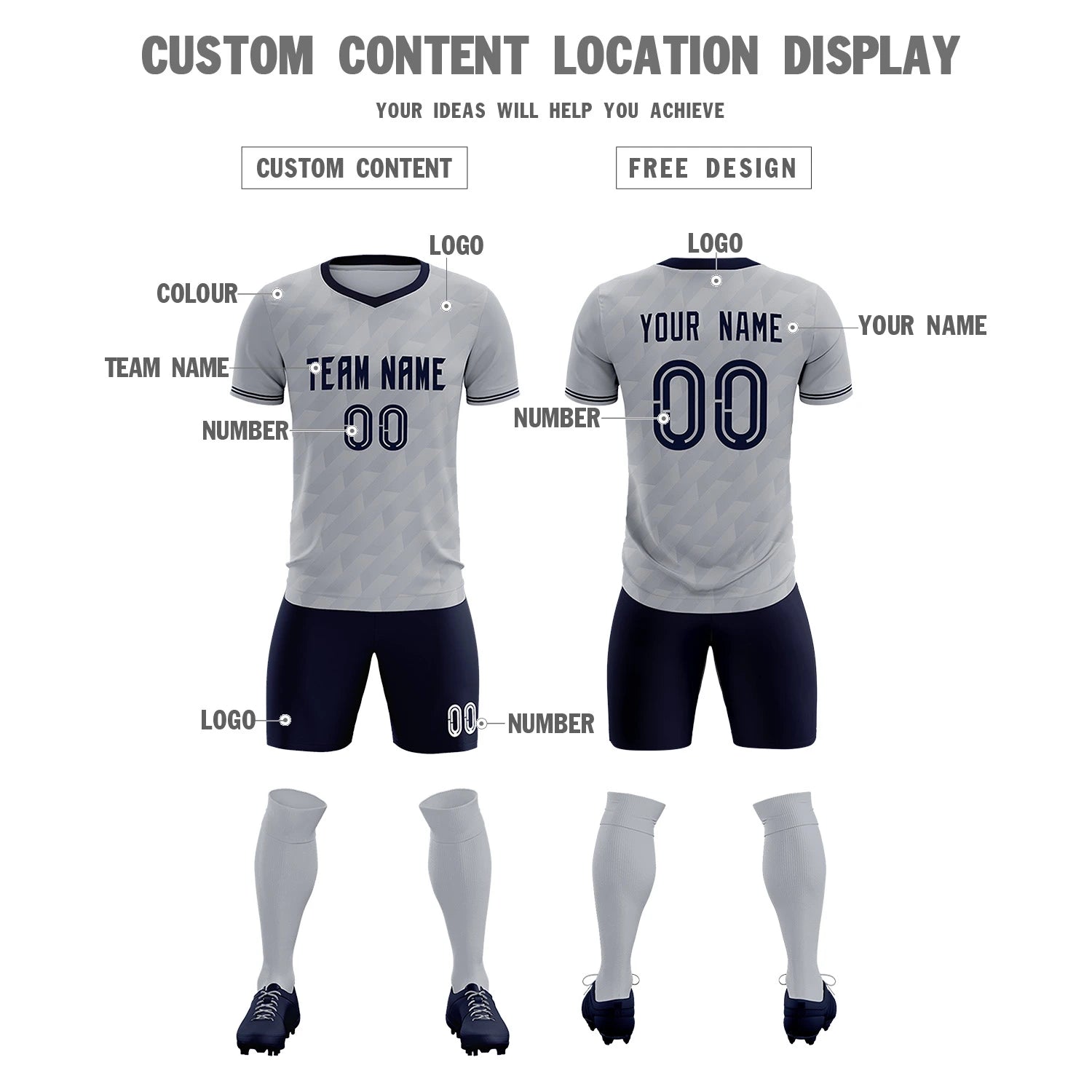 Custom Gray Navy Training Uniform Soccer Sets Jersey