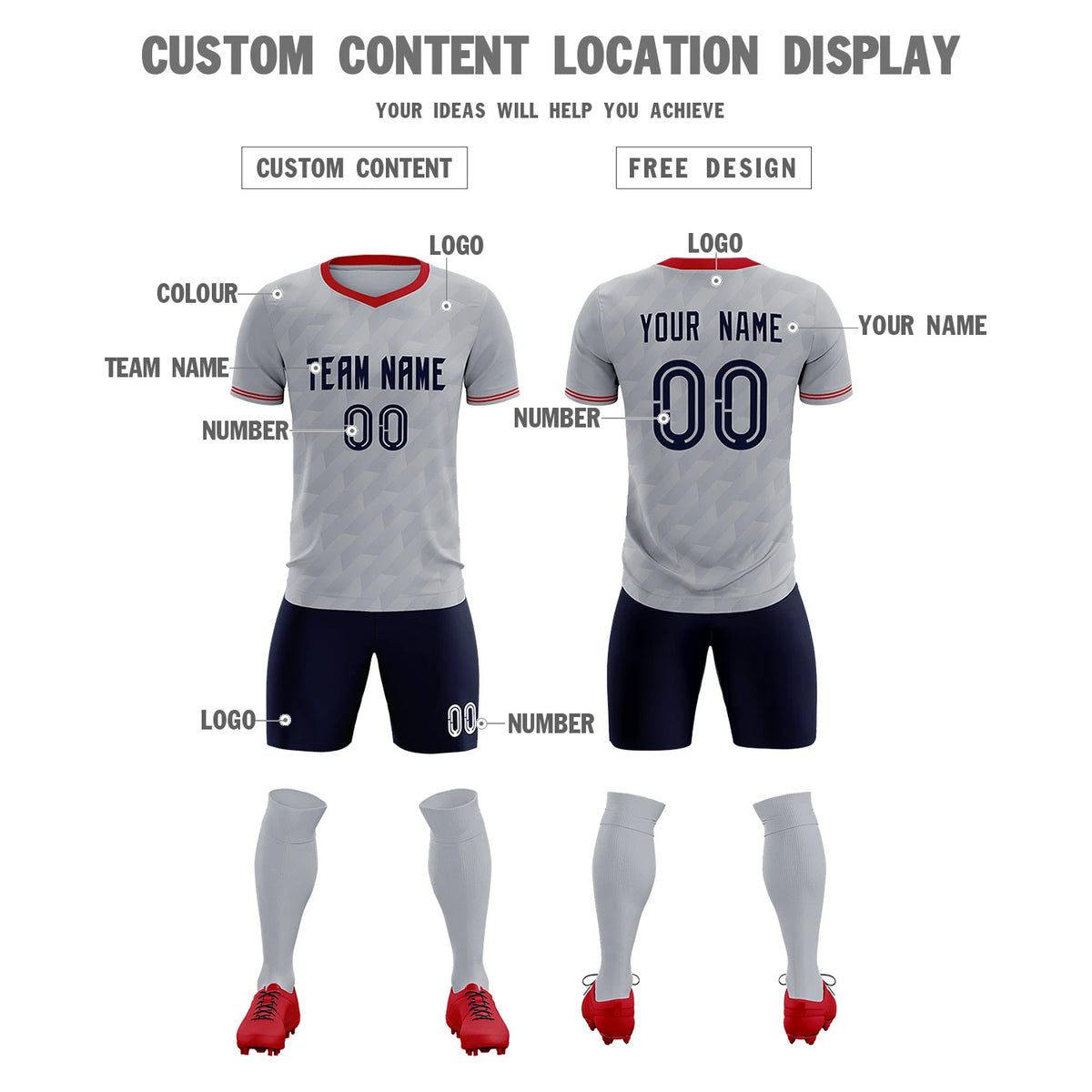 Custom Gray Red Training Uniform Soccer Sets Jersey