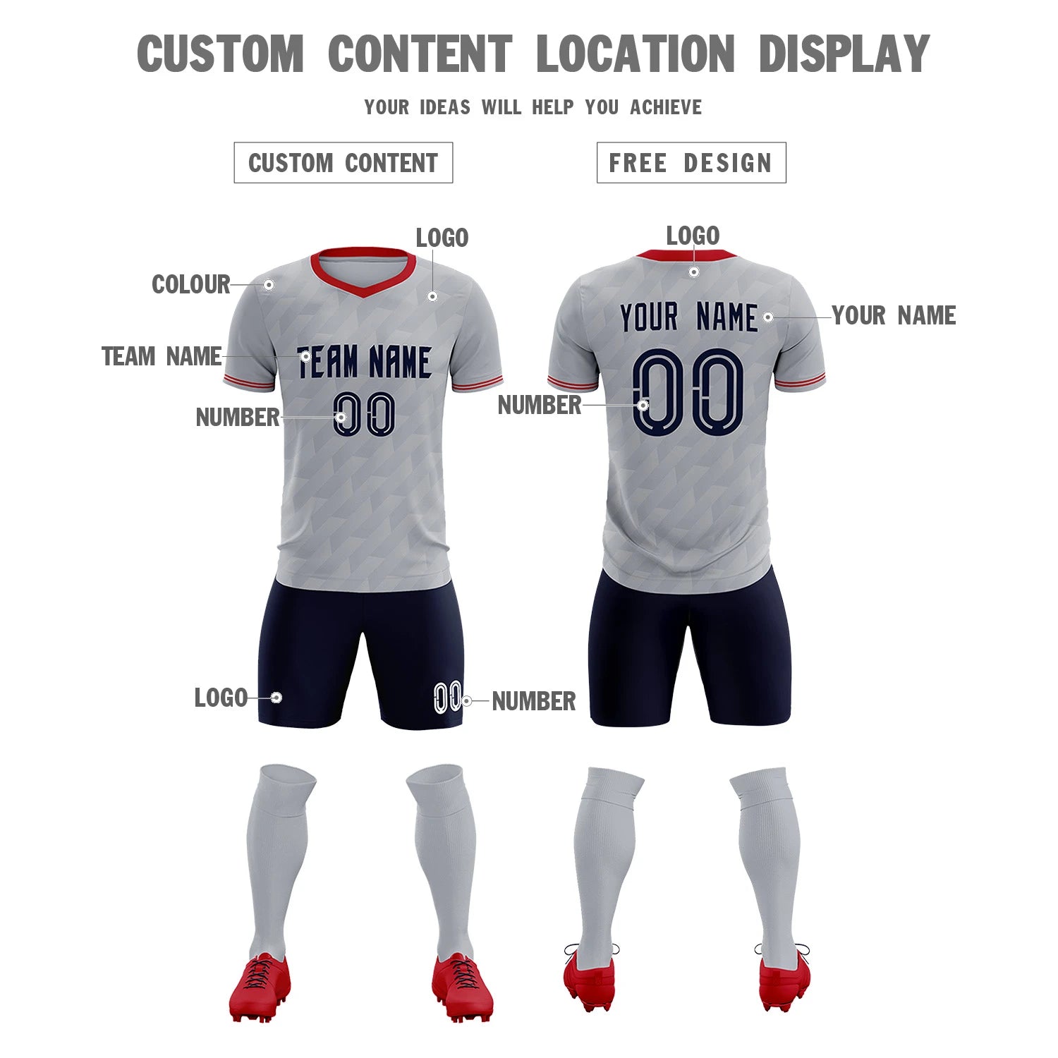 Custom Gray Red Training Uniform Soccer Sets Jersey