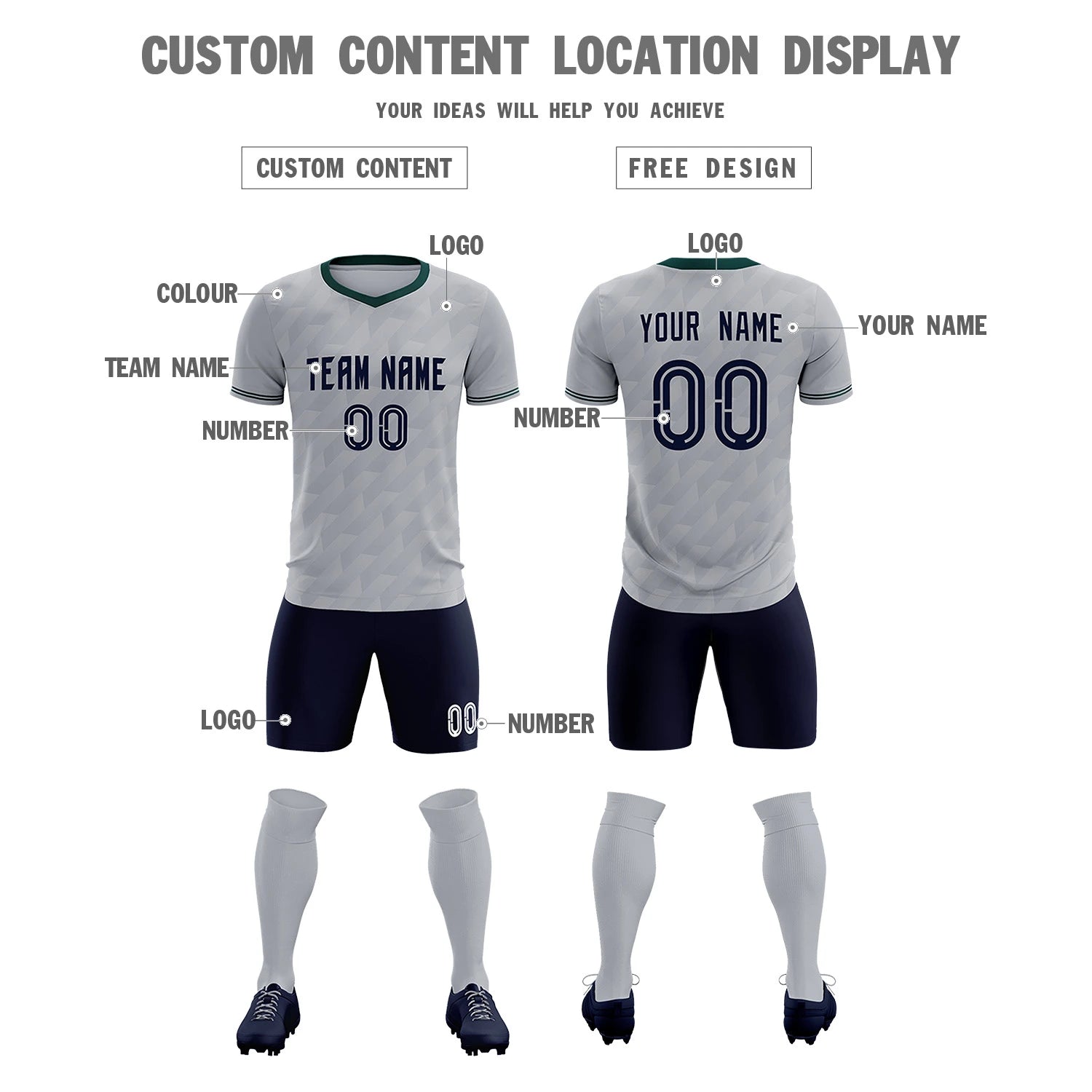 Custom Gray Midnight Green Training Uniform Soccer Sets Jersey