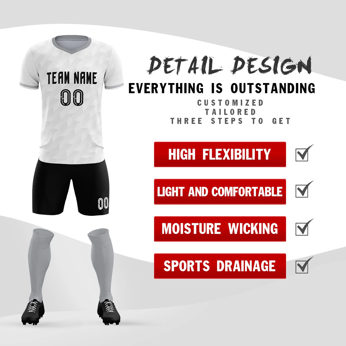 Custom White Gray Training Uniform Soccer Sets Jersey