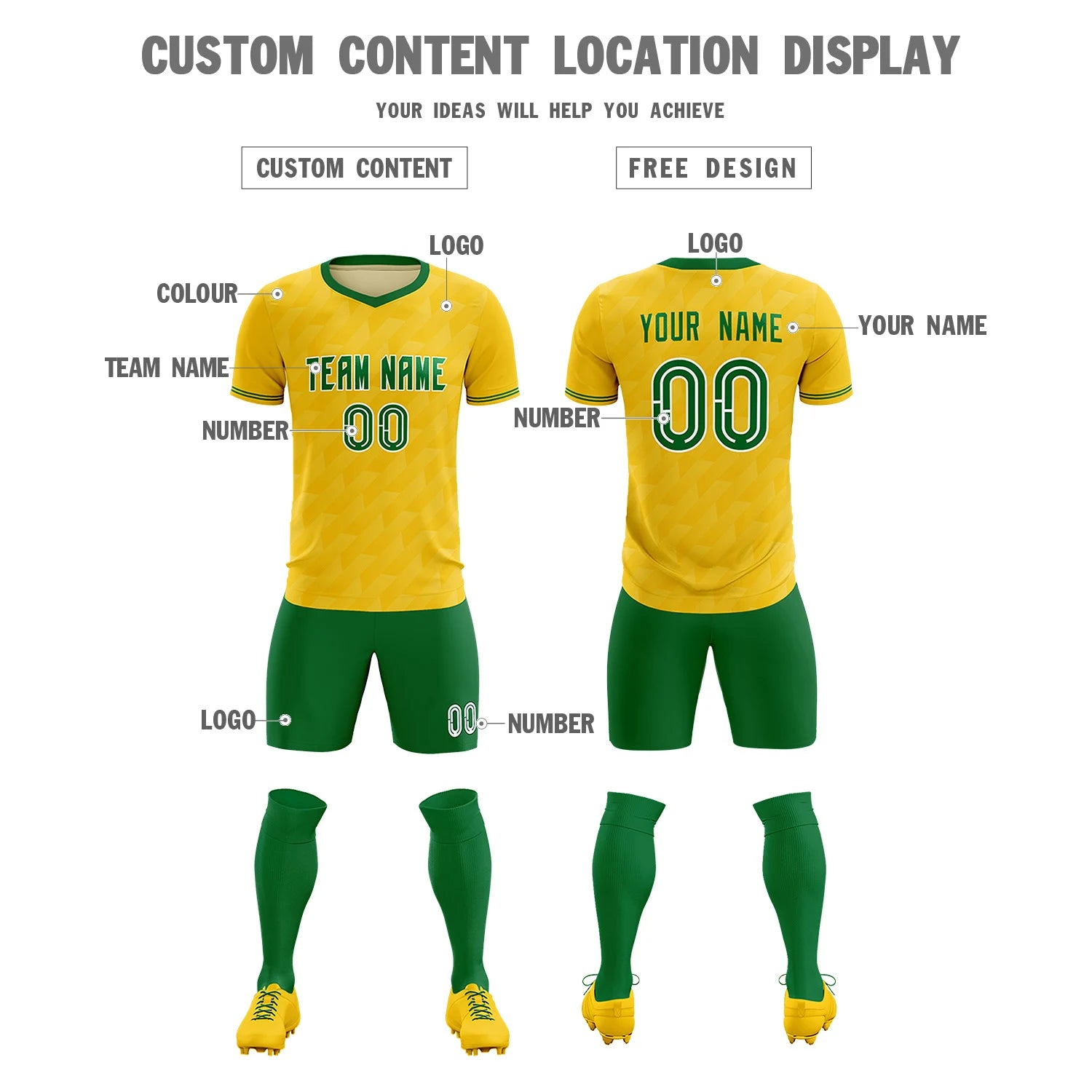 Custom Gold01 Kelly Green Training Uniform Soccer Sets Jersey