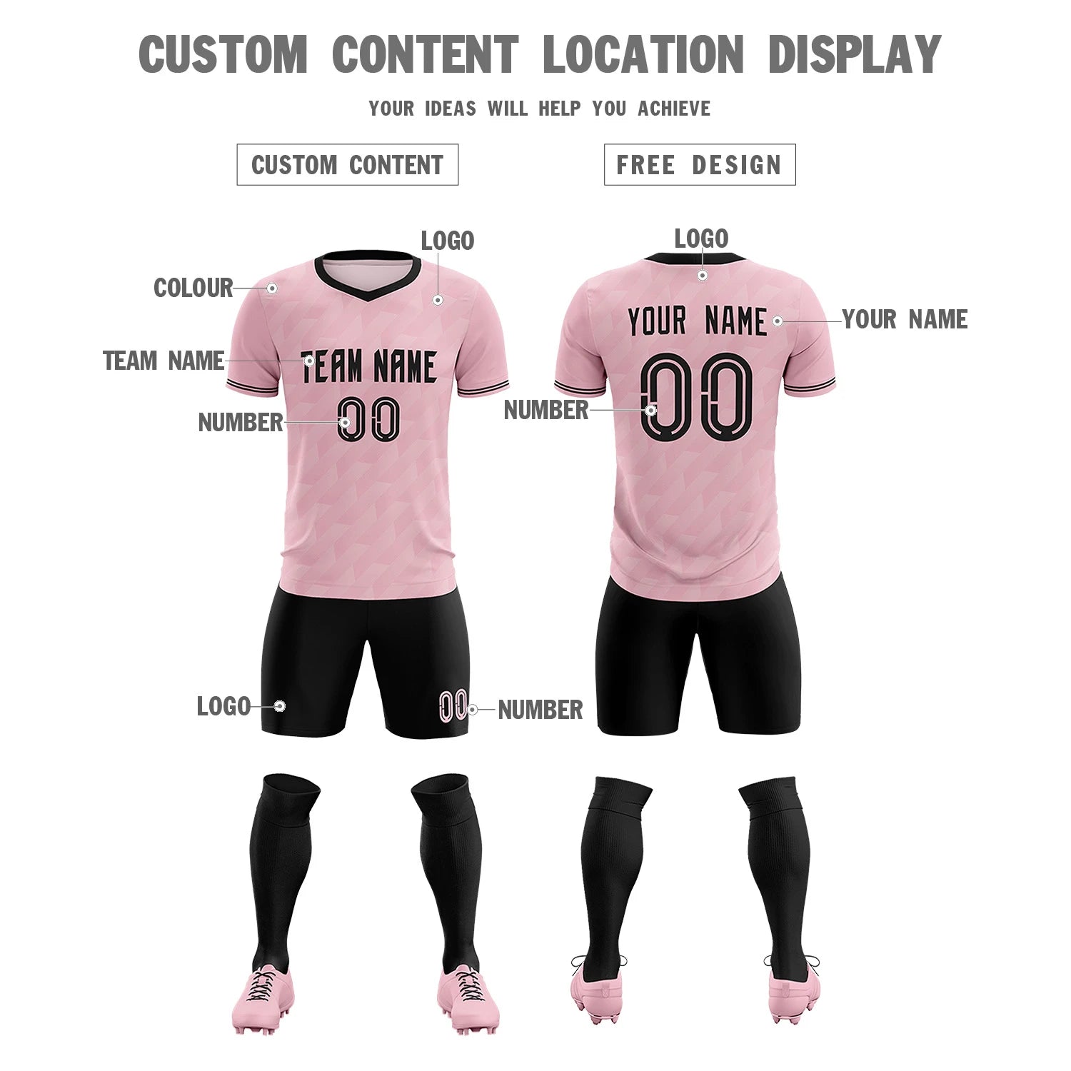 Custom Light Pink Black Training Uniform Soccer Sets Jersey