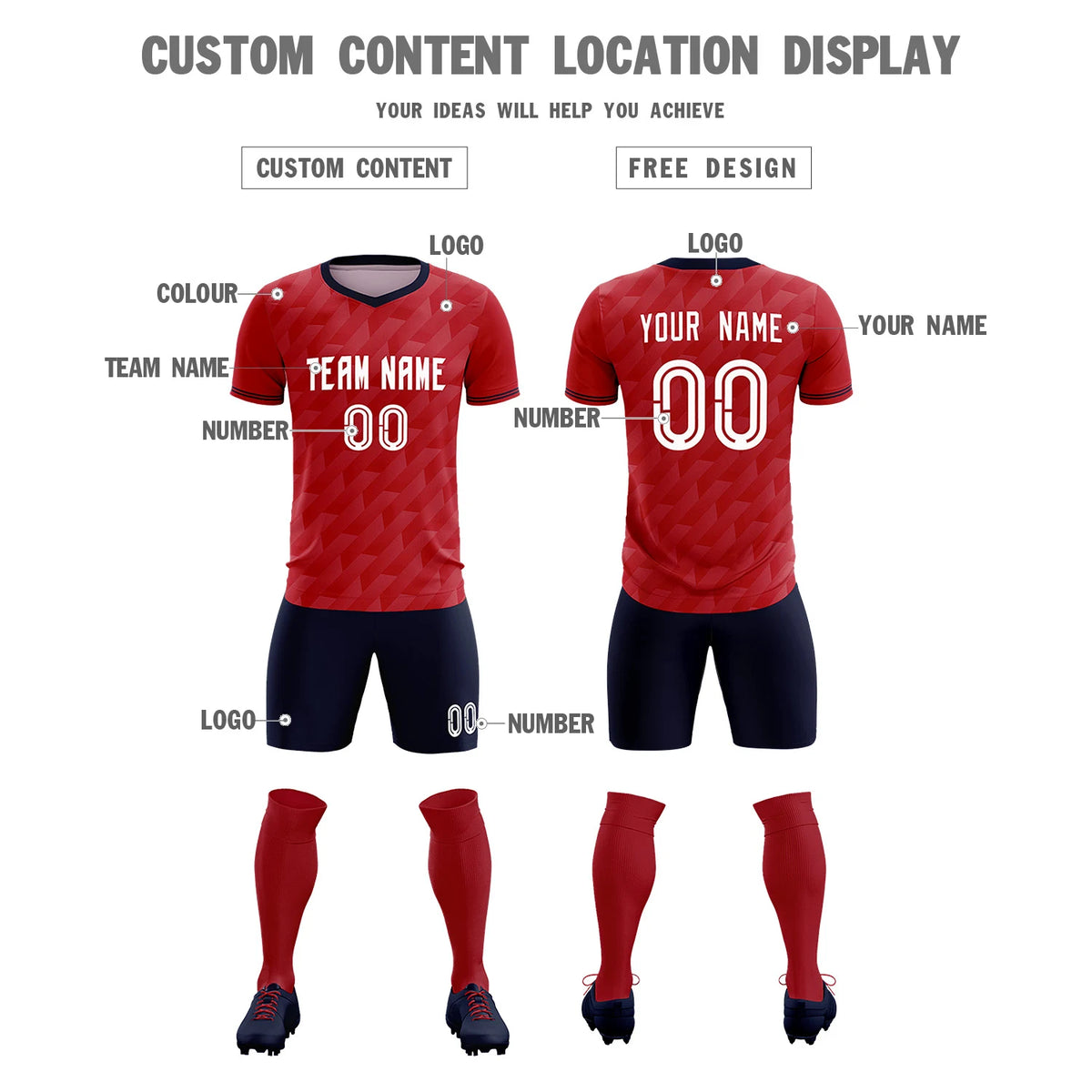 Custom Red Navy Training Uniform Soccer Sets Jersey