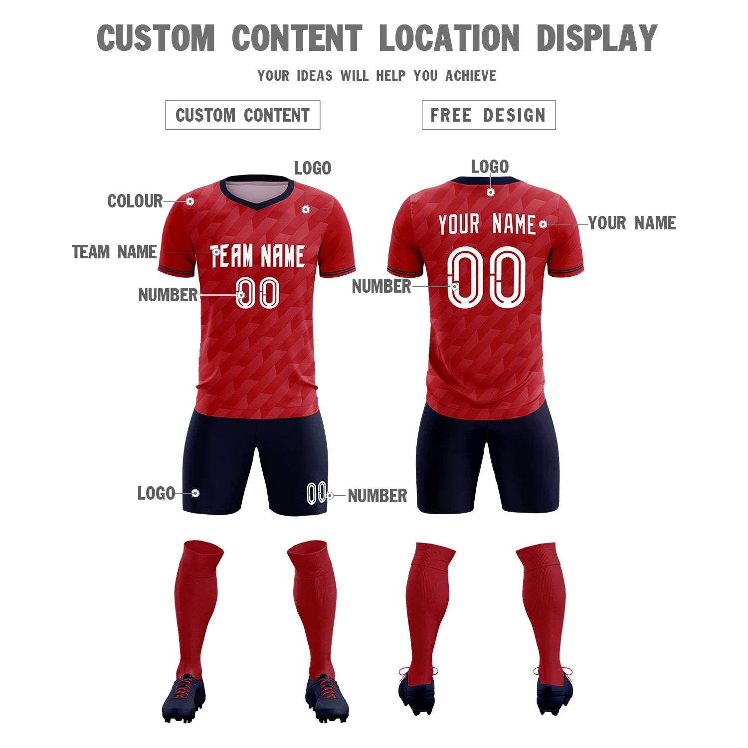 Custom Red Navy Training Uniform Soccer Sets Jersey