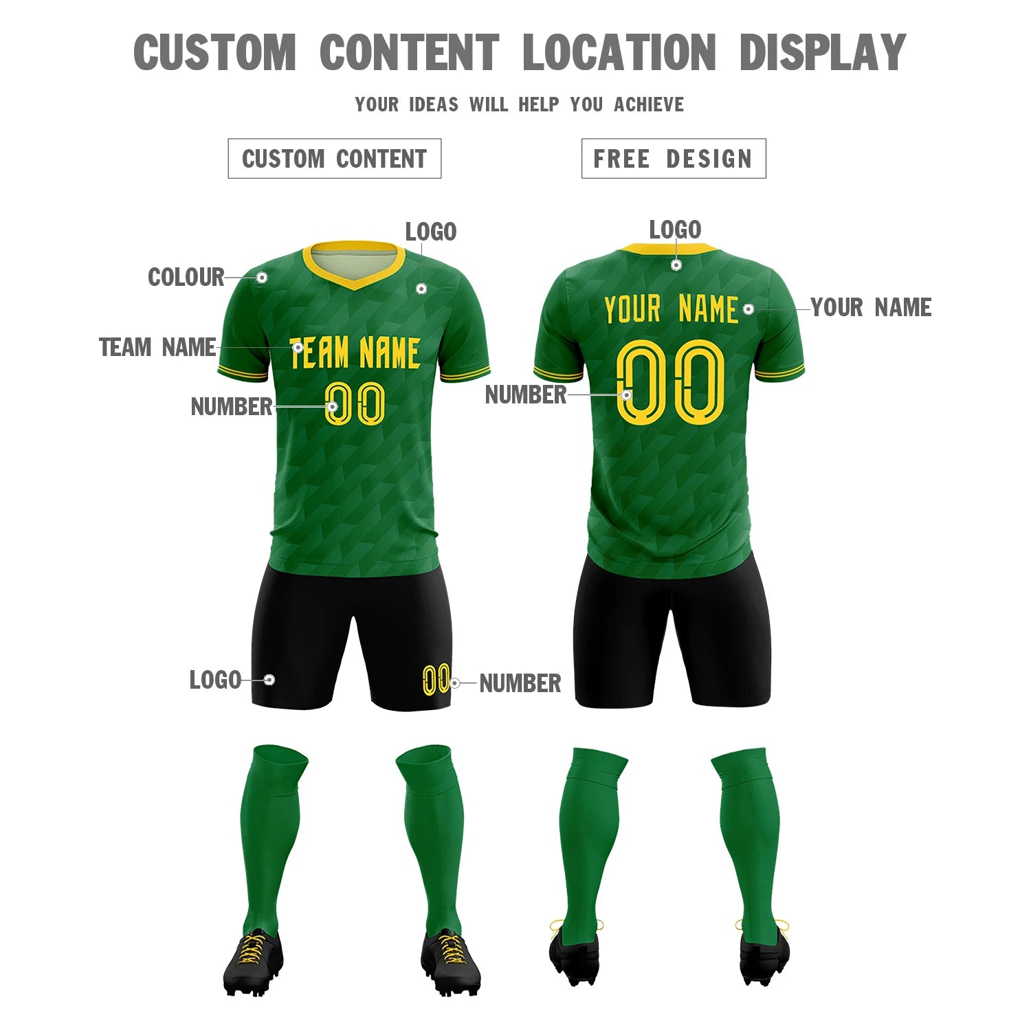Custom Kelly Green Black Training Uniform Soccer Sets Jersey