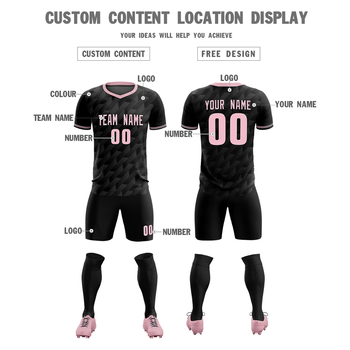 Custom Black Light Pink Training Uniform Soccer Sets Jersey