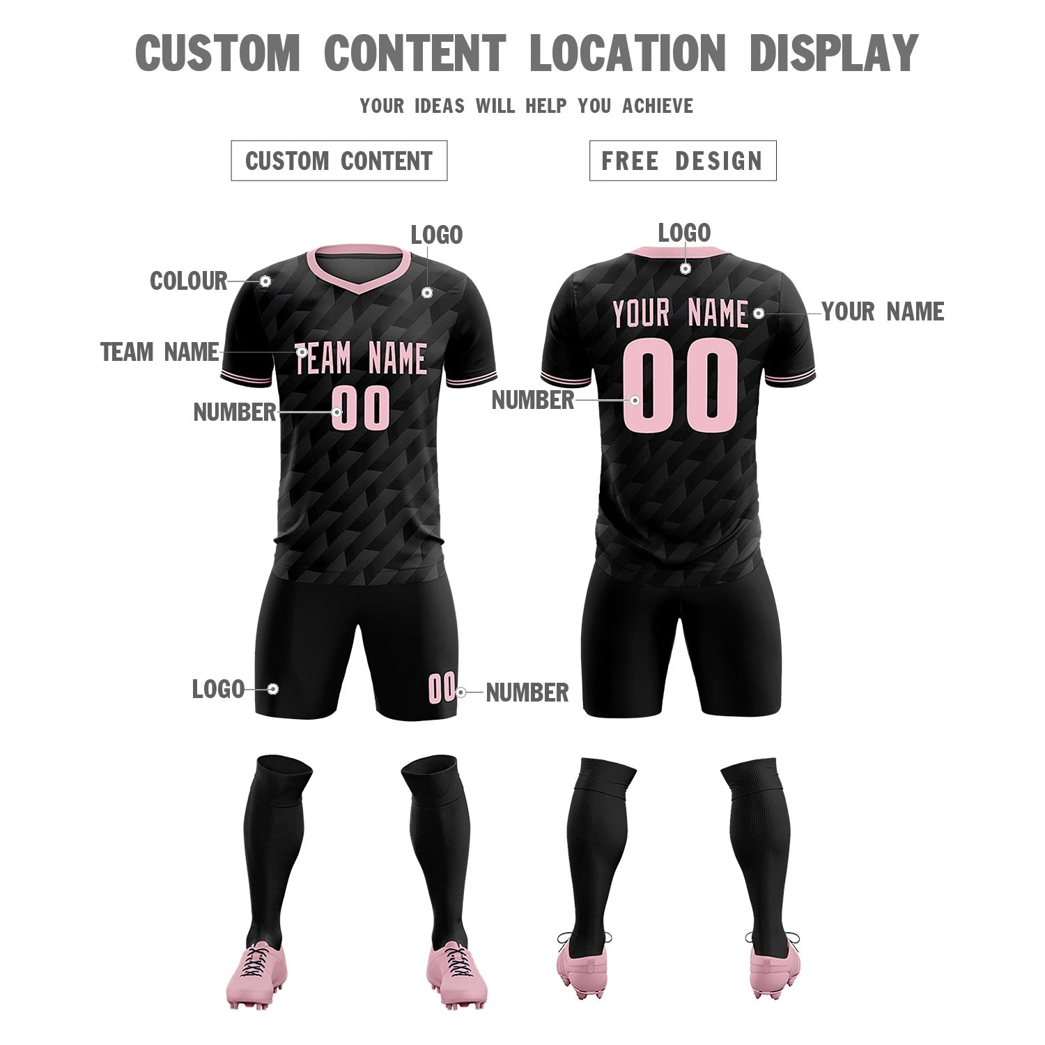 Custom Black Light Pink Training Uniform Soccer Sets Jersey