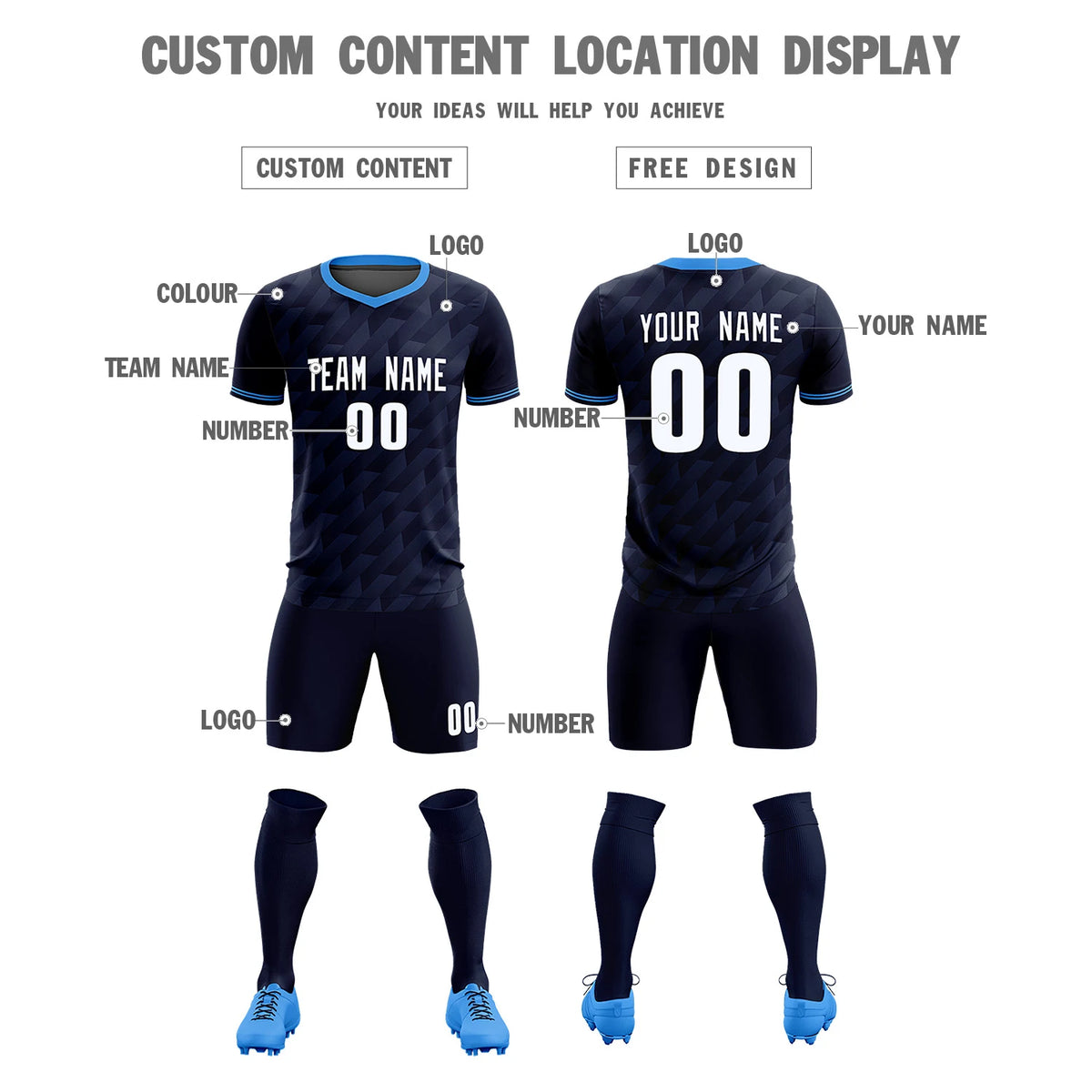 Custom Navy Powder Blue Training Uniform Soccer Sets Jersey