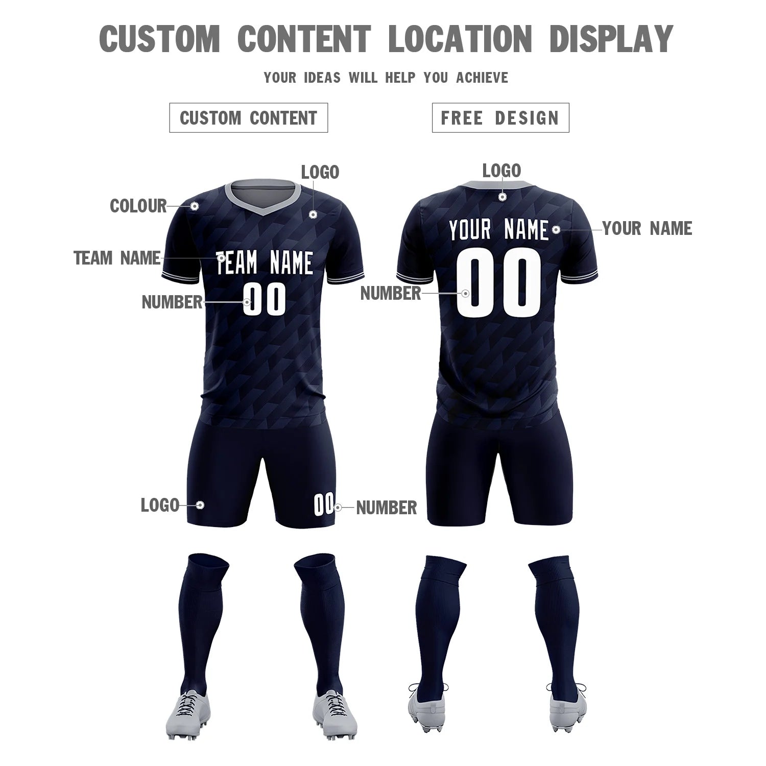 Custom Navy Gray Training Uniform Soccer Sets Jersey