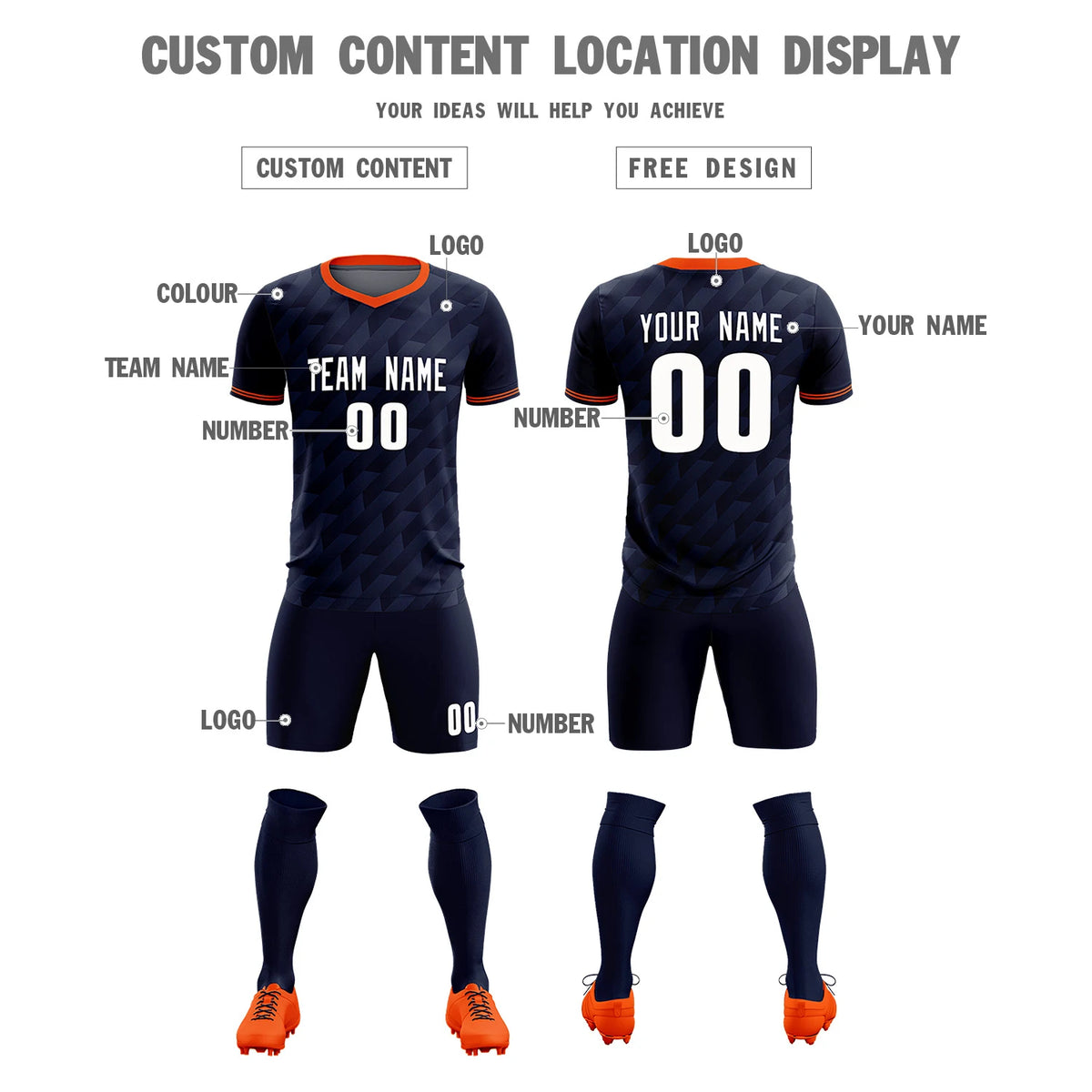 Custom Navy Orange Training Uniform Soccer Sets Jersey