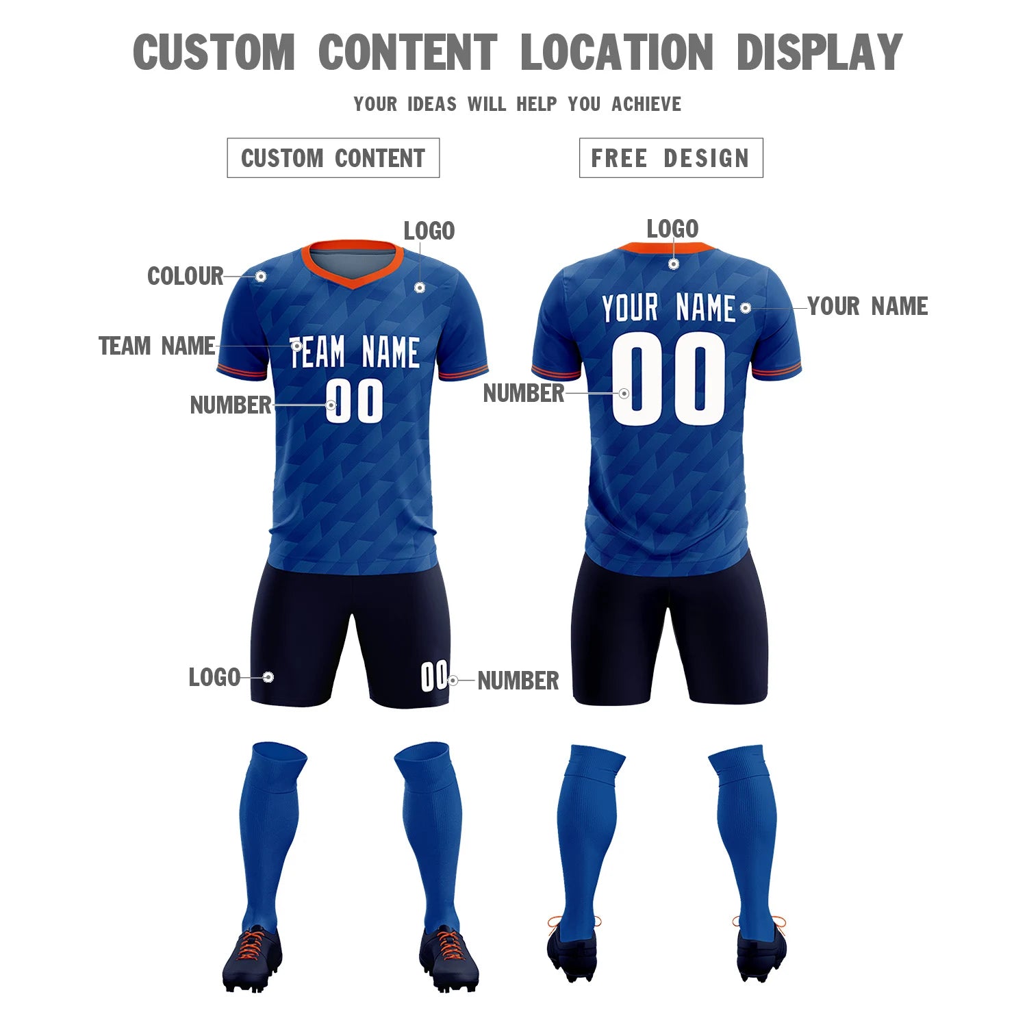 Custom Royal Blue Orange Training Uniform Soccer Sets Jersey