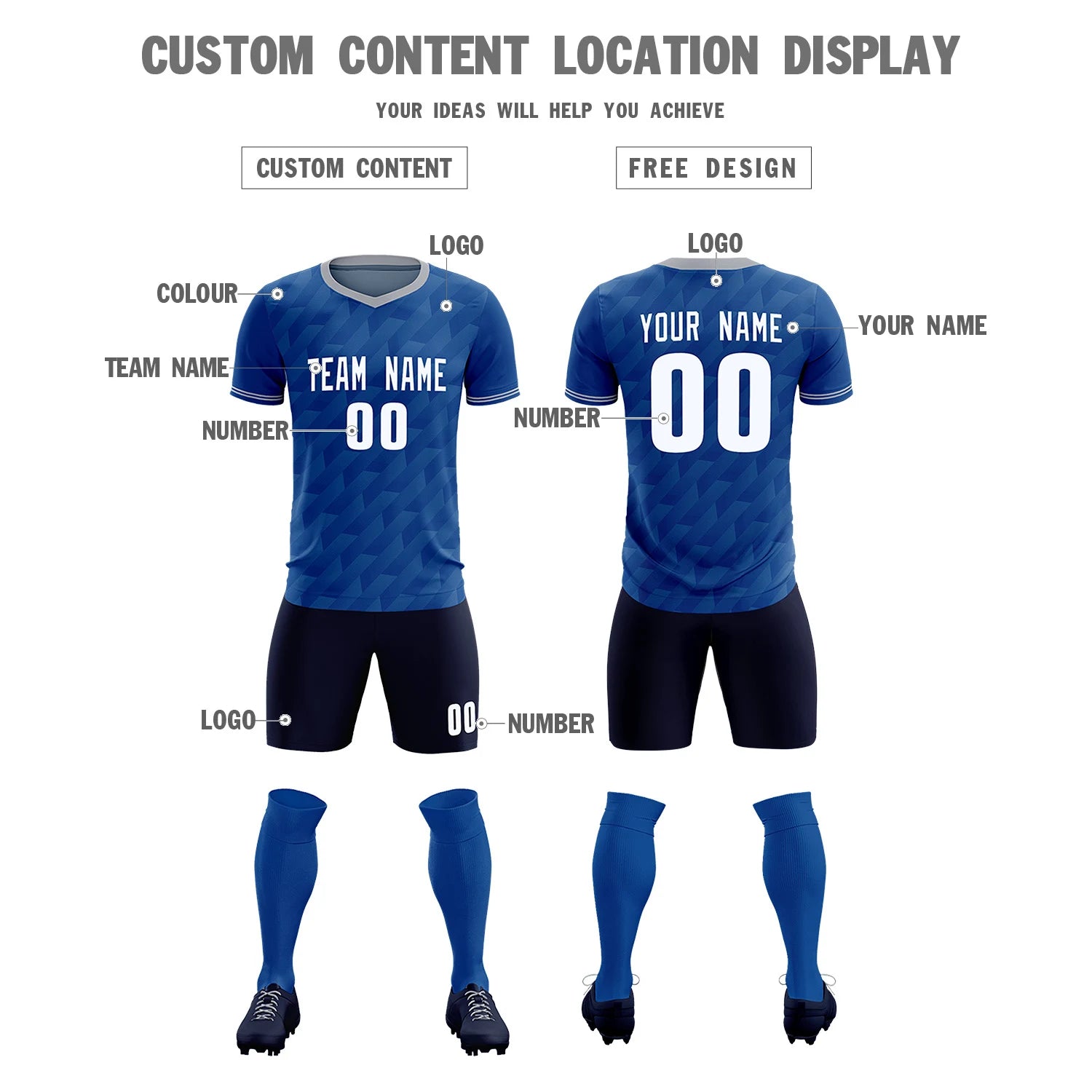 Custom Royal Blue Gray Training Uniform Soccer Sets Jersey