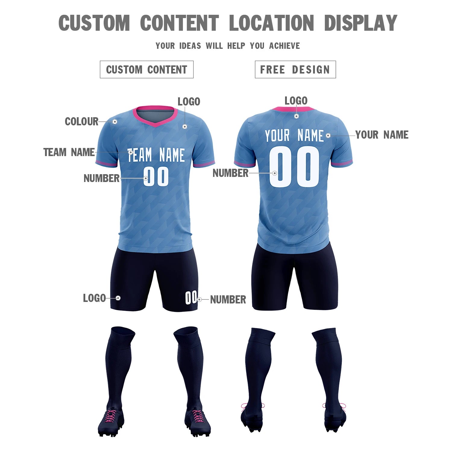 Custom Light Blue Pink Training Uniform Soccer Sets Jersey