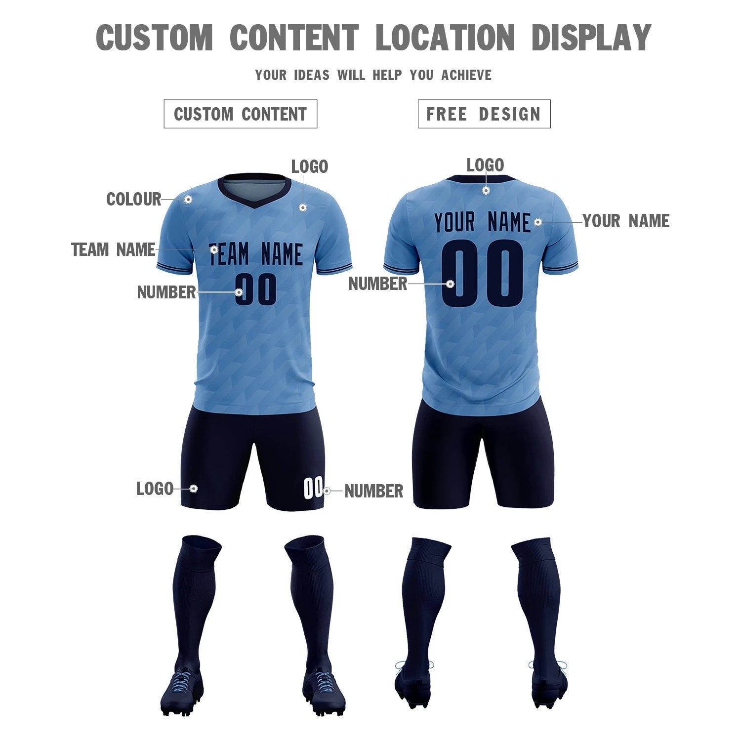 Custom Light Blue Navy Training Uniform Soccer Sets Jersey