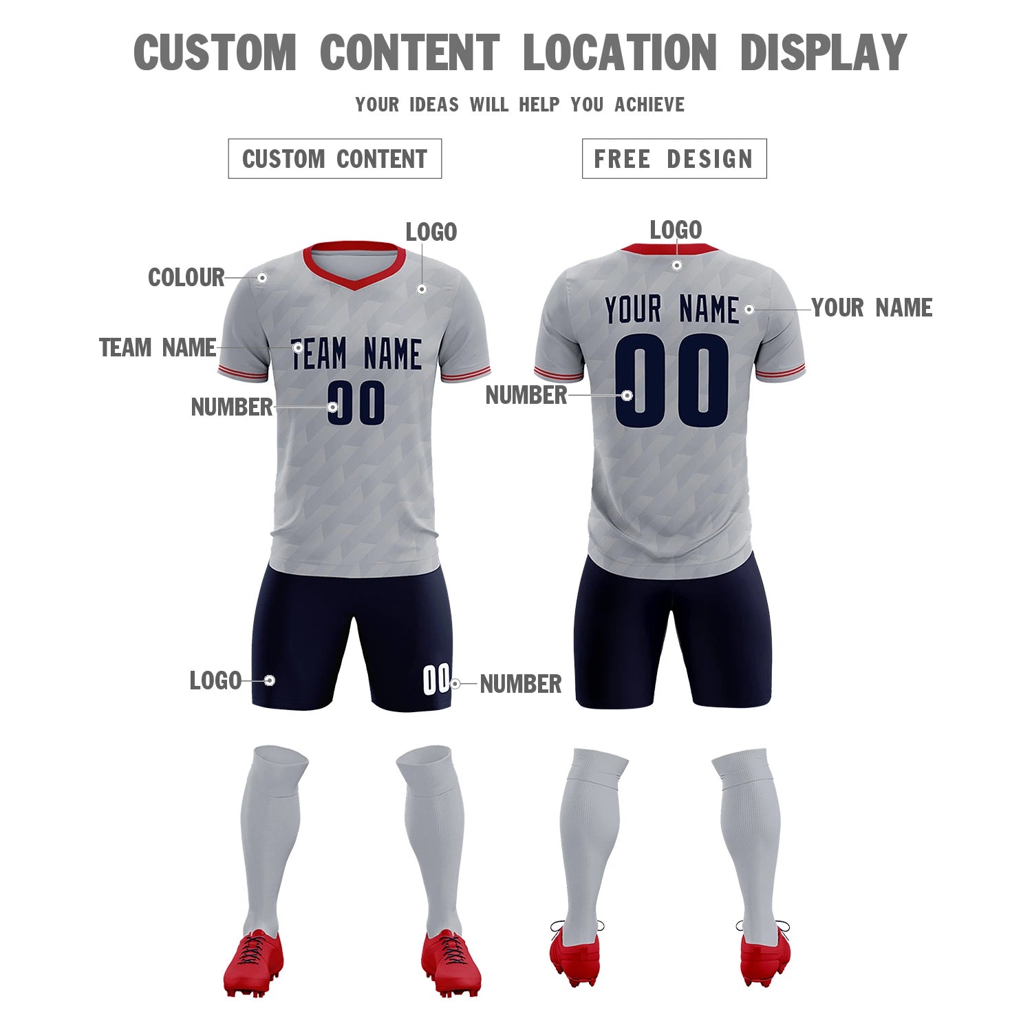 Custom Gray Red Training Uniform Soccer Sets Jersey