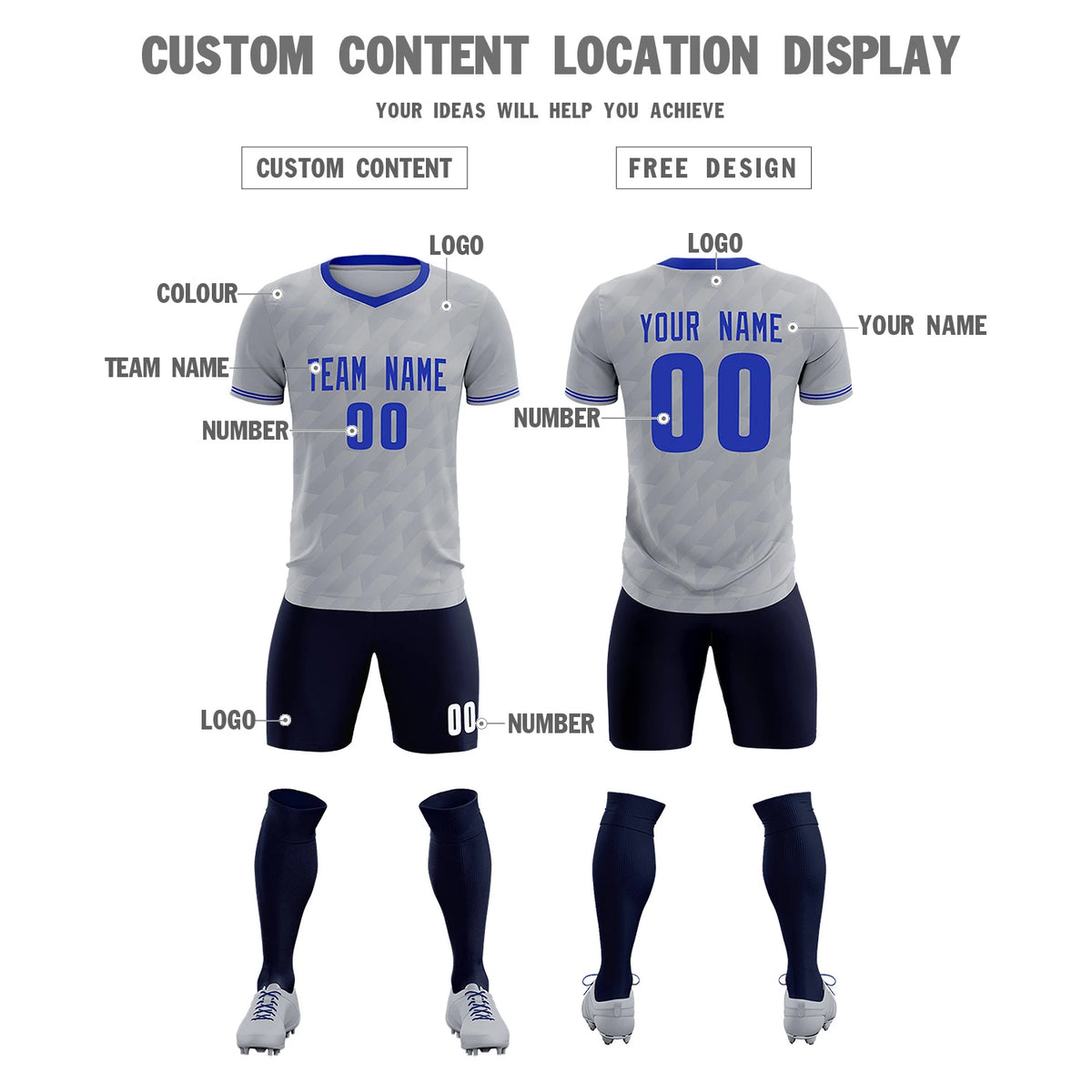 Custom Gray Royal Blue Training Uniform Soccer Sets Jersey