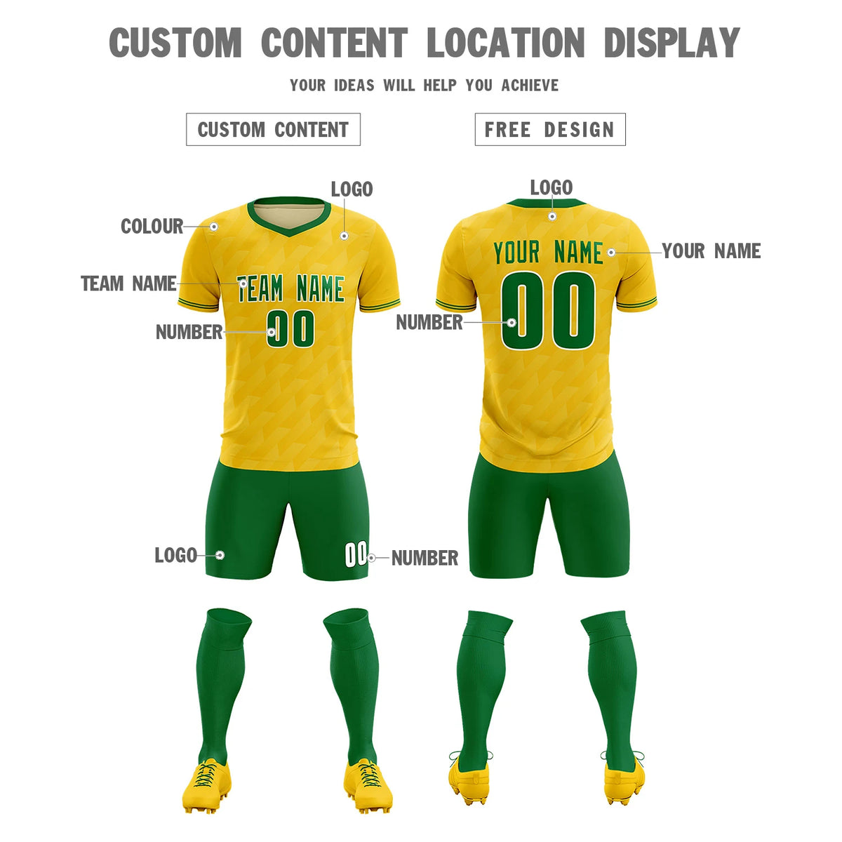 Custom Gold01 Kelly Green Training Uniform Soccer Sets Jersey