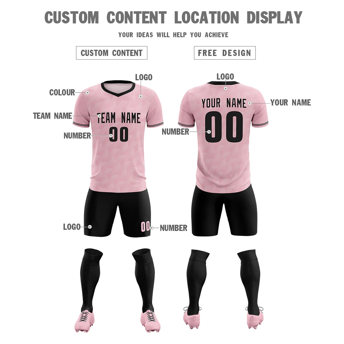 Custom Light Pink Black Training Uniform Soccer Sets Jersey