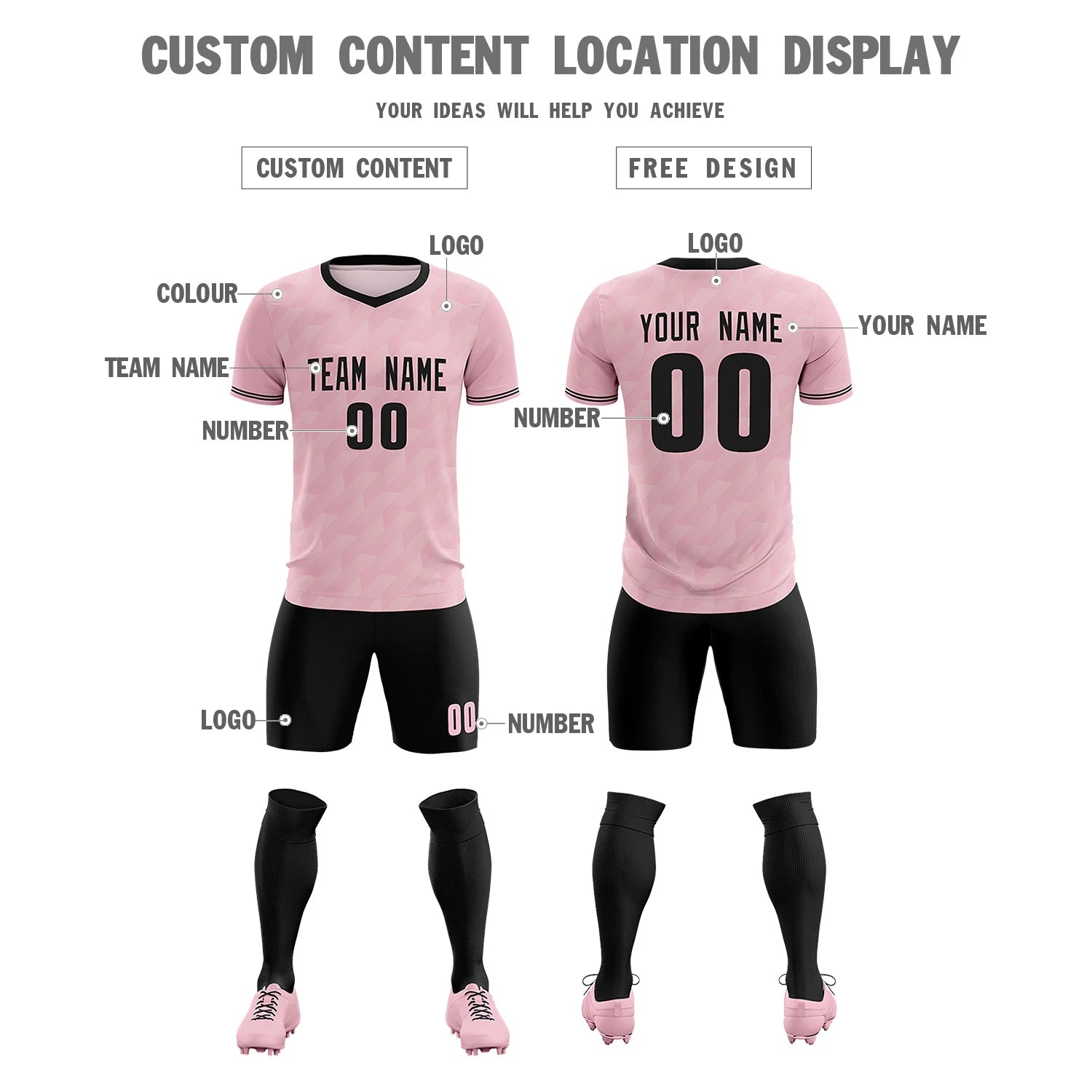 Custom Light Pink Black Training Uniform Soccer Sets Jersey