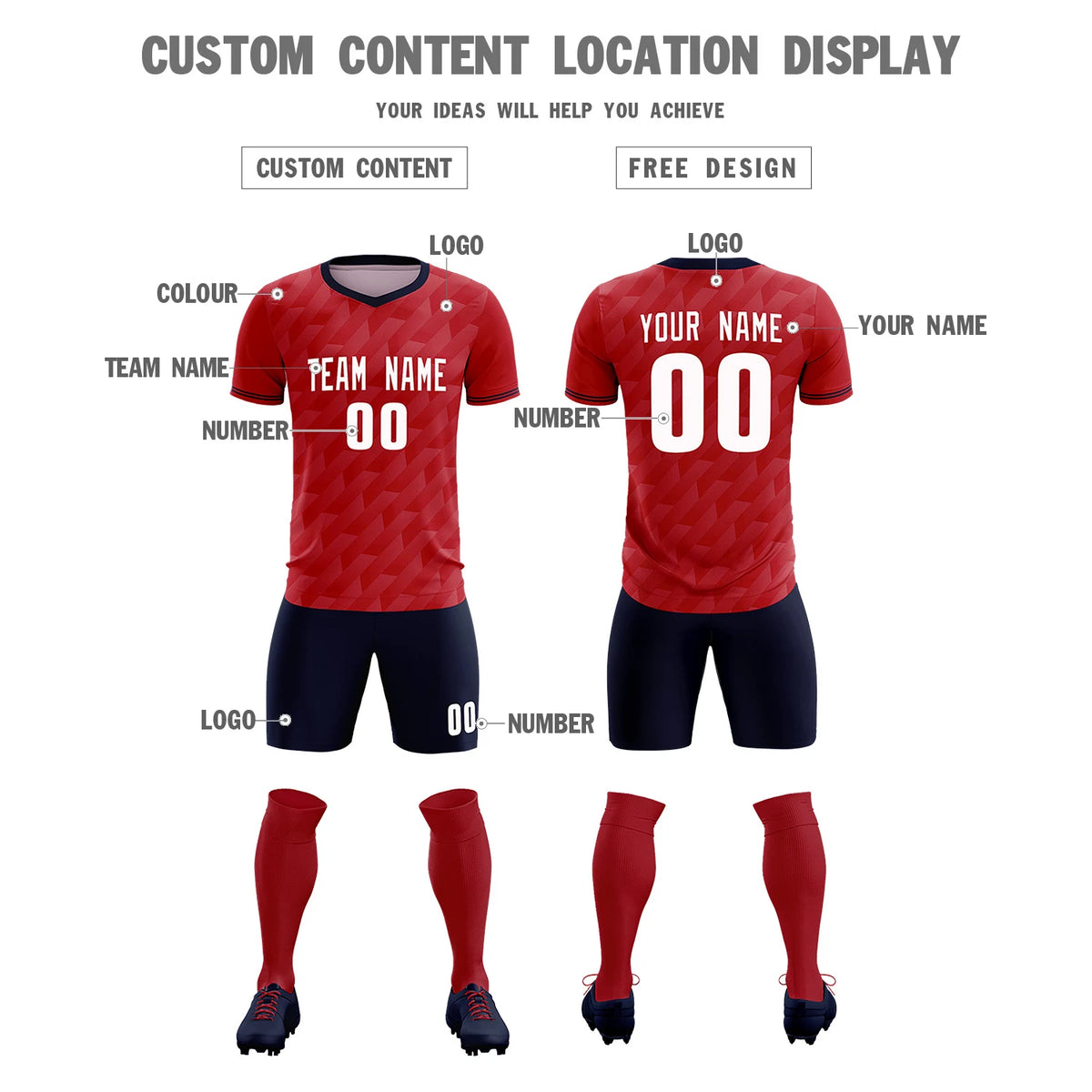 Custom Red Navy Training Uniform Soccer Sets Jersey
