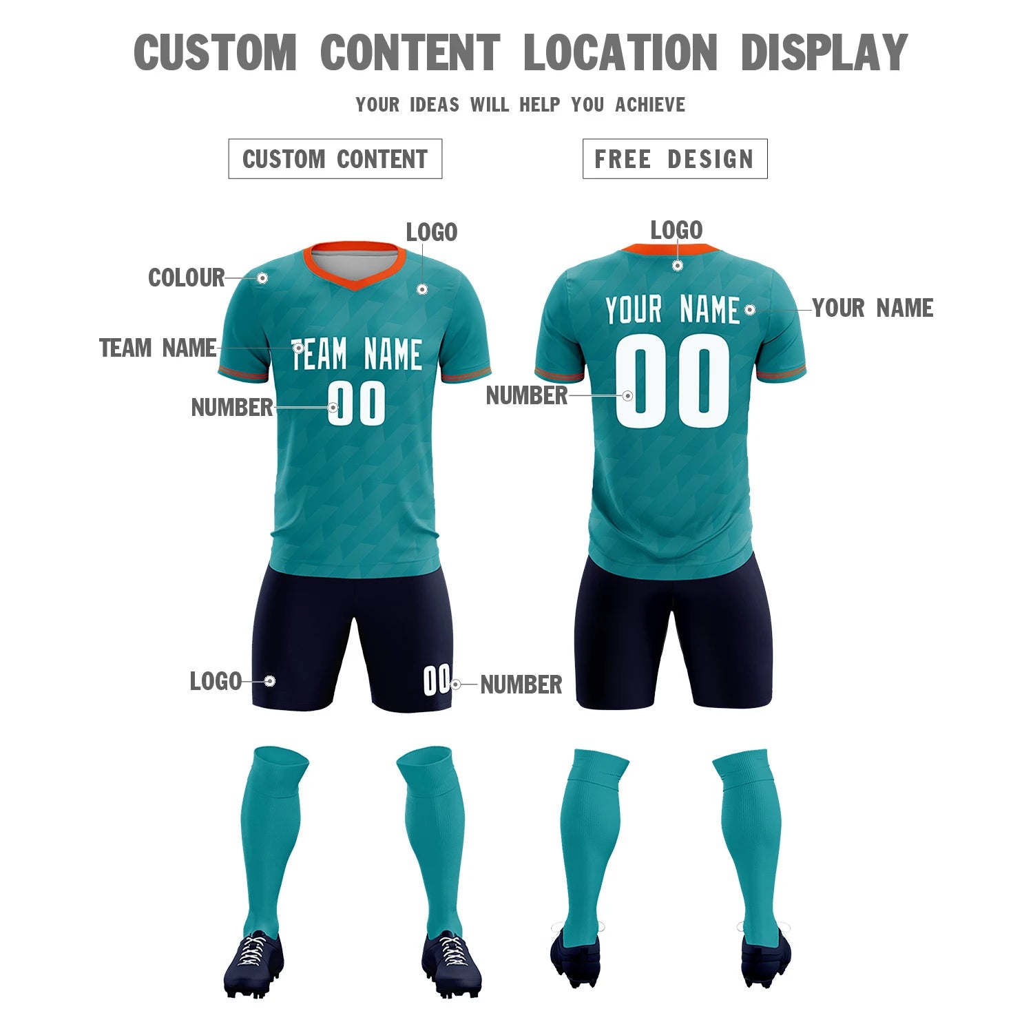 Custom Aqua Orange Training Uniform Soccer Sets Jersey