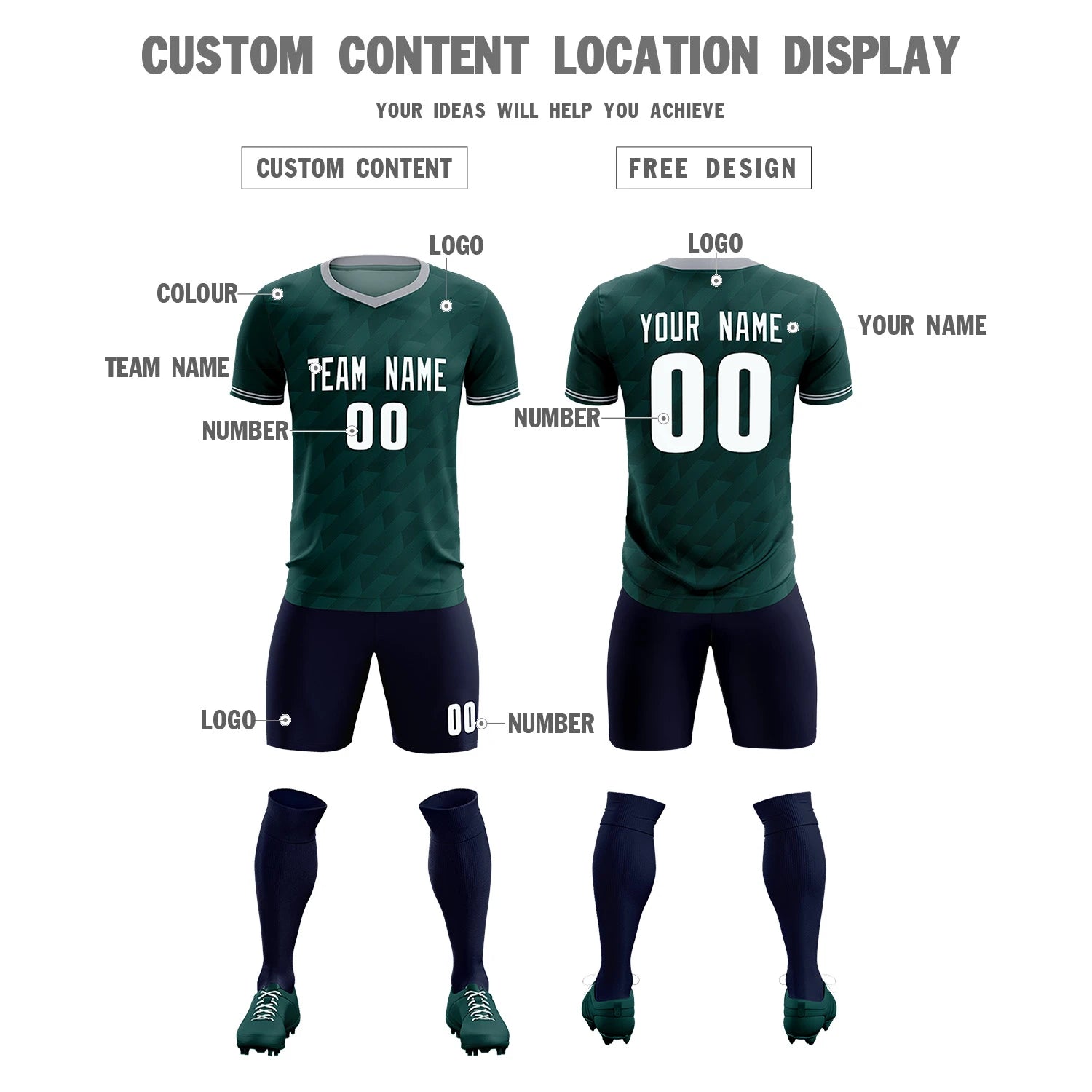 Custom Midnight Green Gray Training Uniform Soccer Sets Jersey