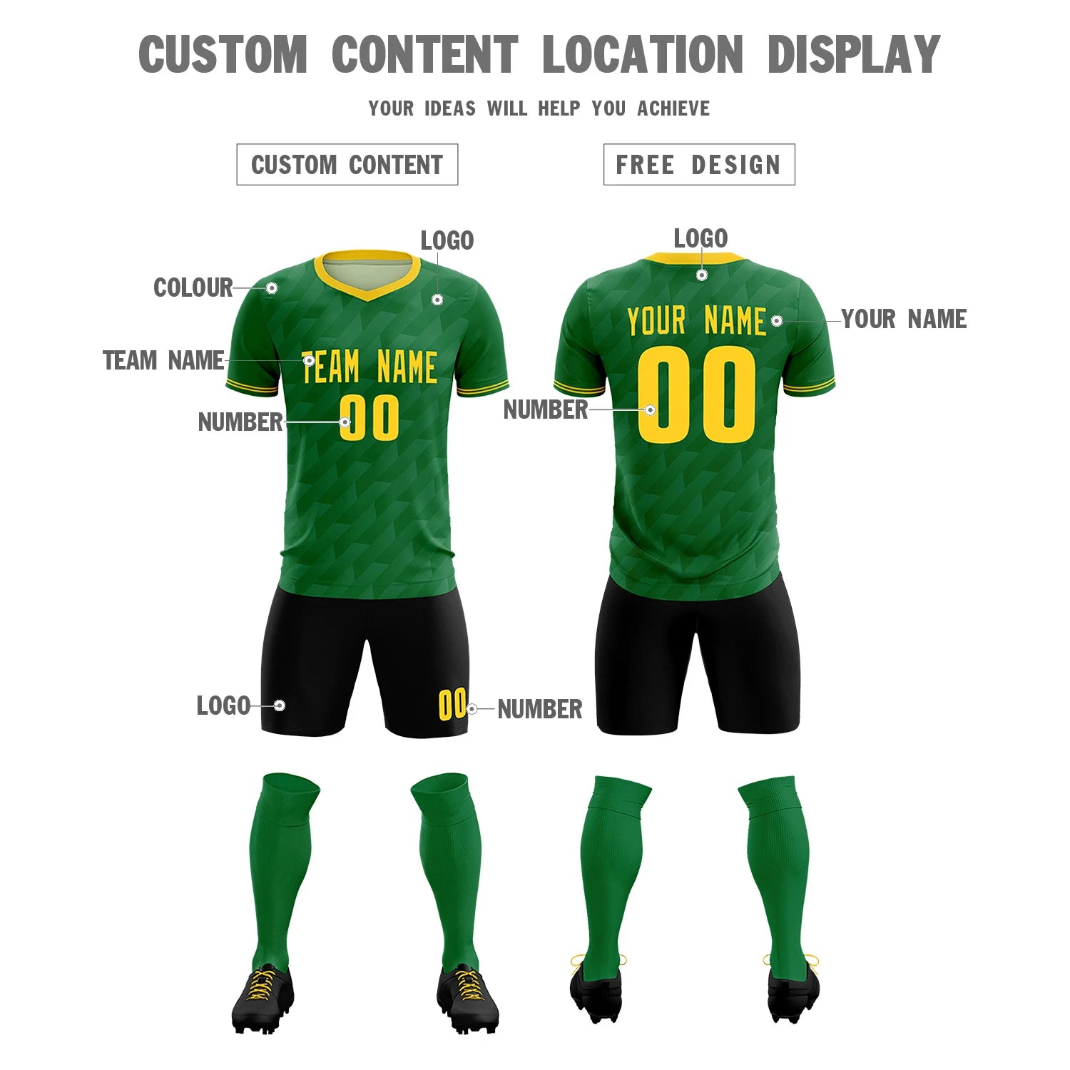 Custom Kelly Green Black Training Uniform Soccer Sets Jersey