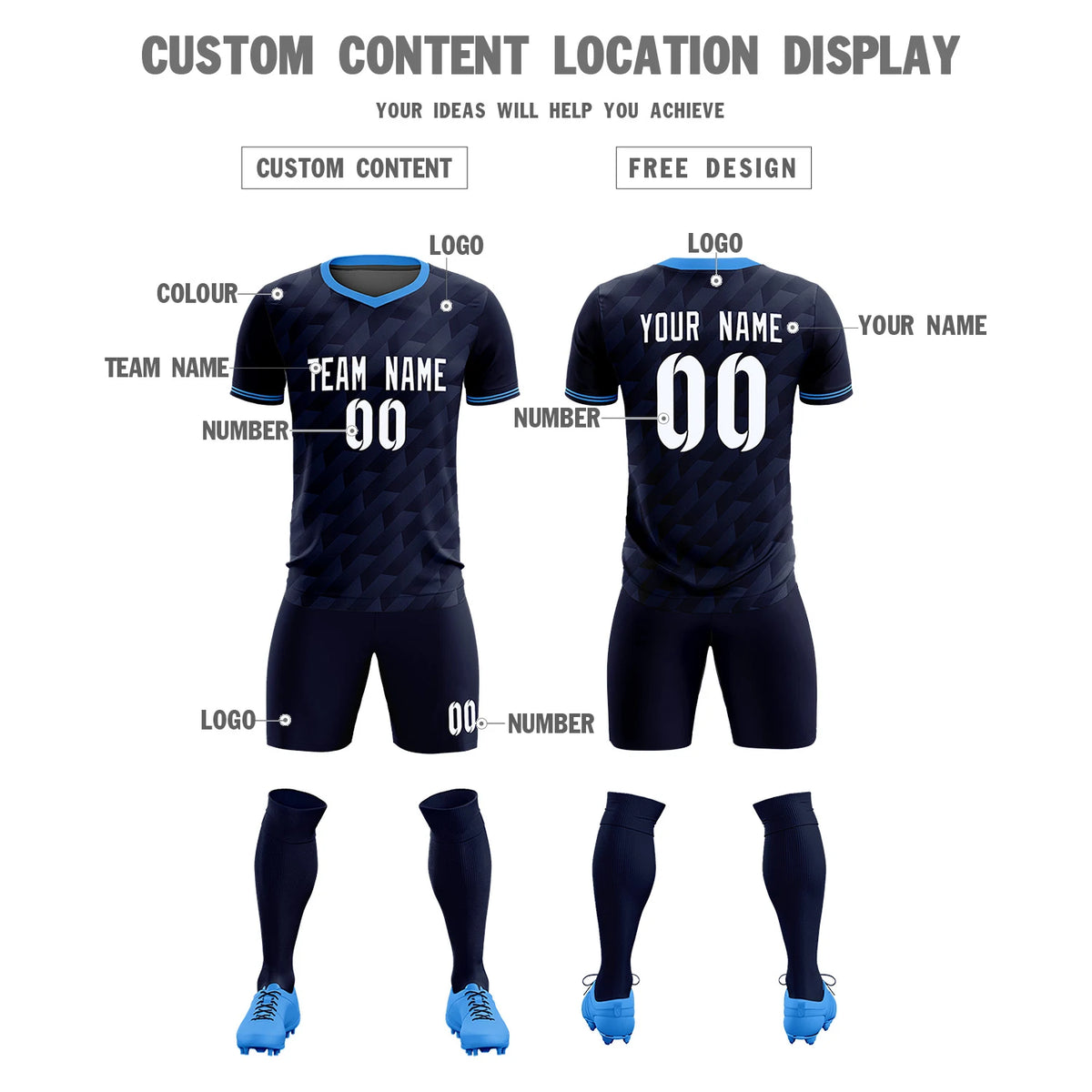 Custom Navy Powder Blue Training Uniform Soccer Sets Jersey