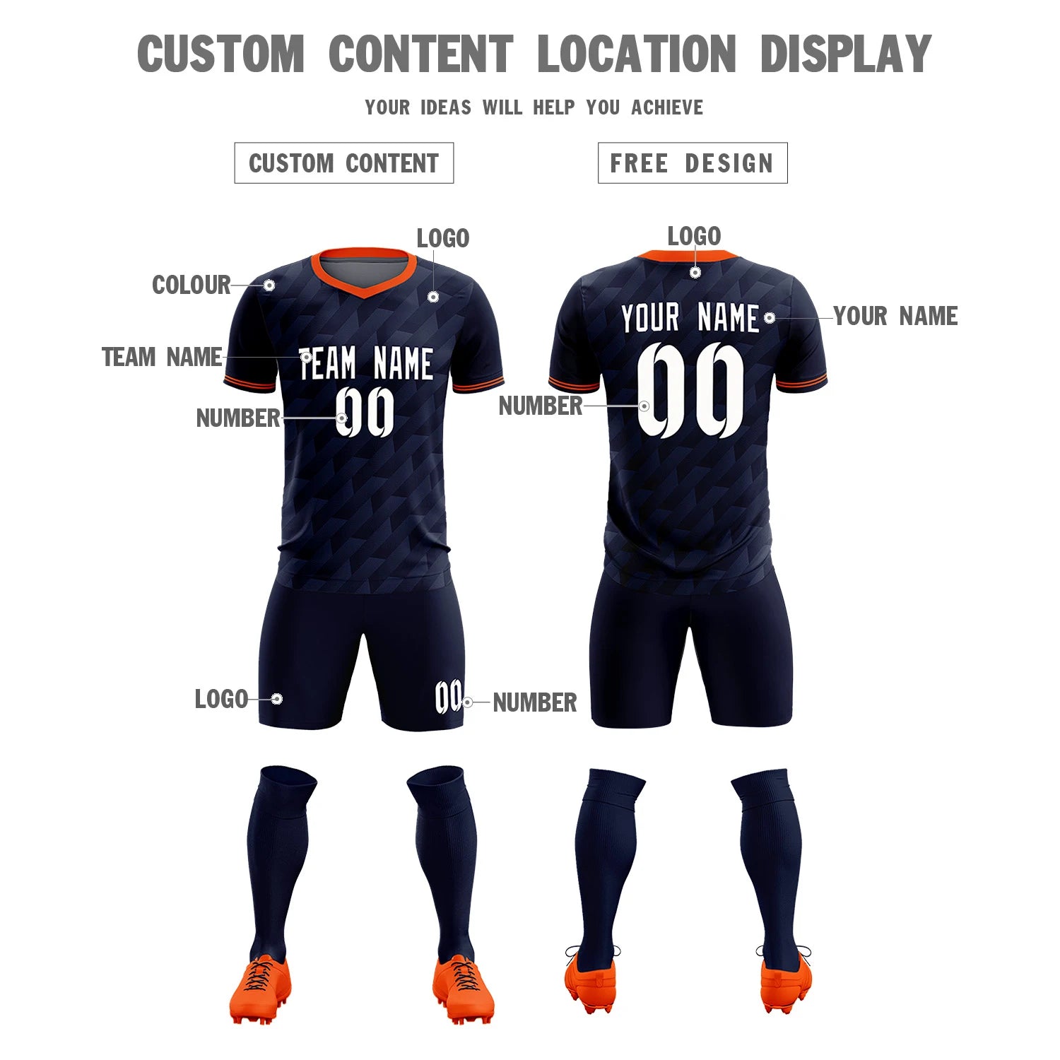 Custom Navy Orange Training Uniform Soccer Sets Jersey