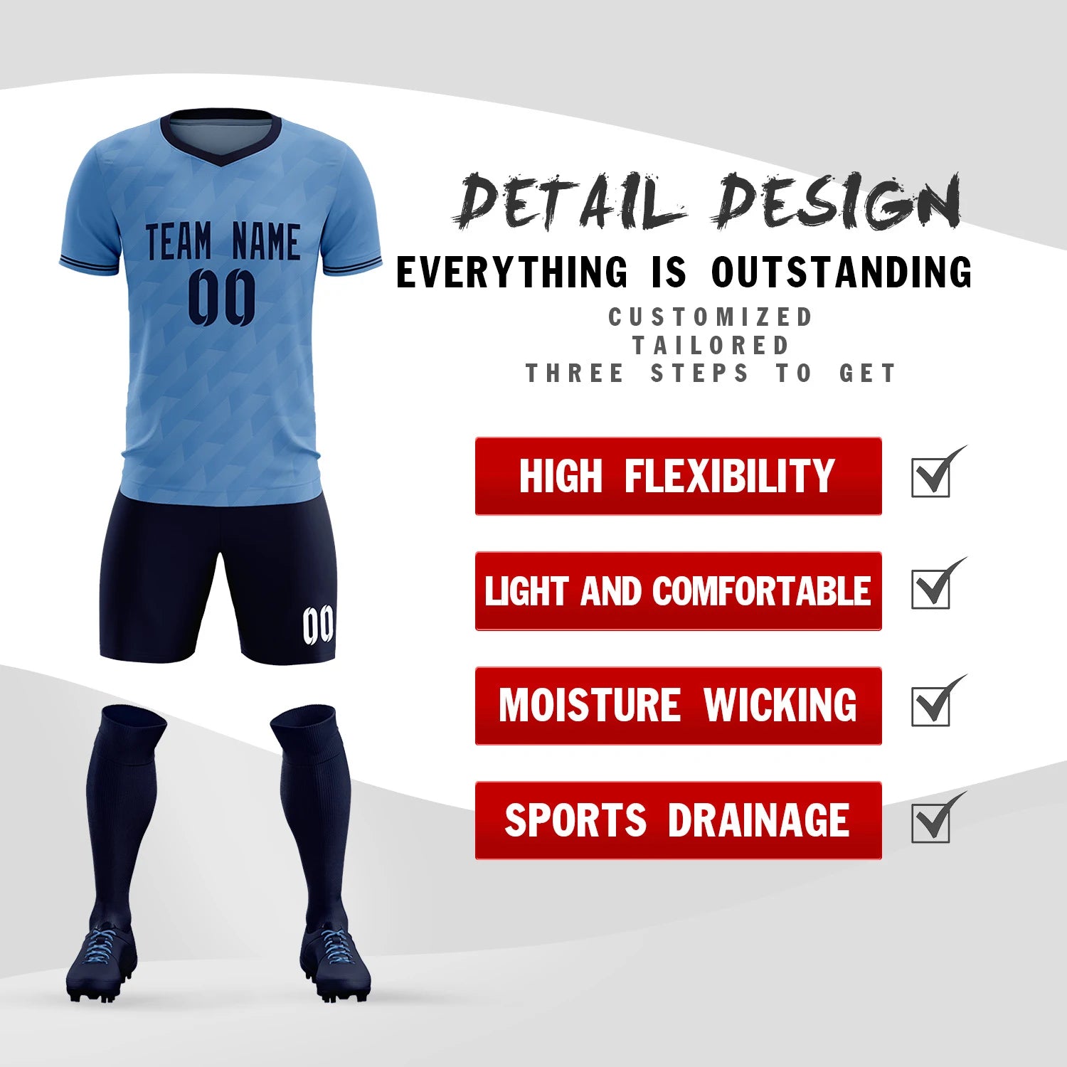 Custom Light Blue Navy Training Uniform Soccer Sets Jersey