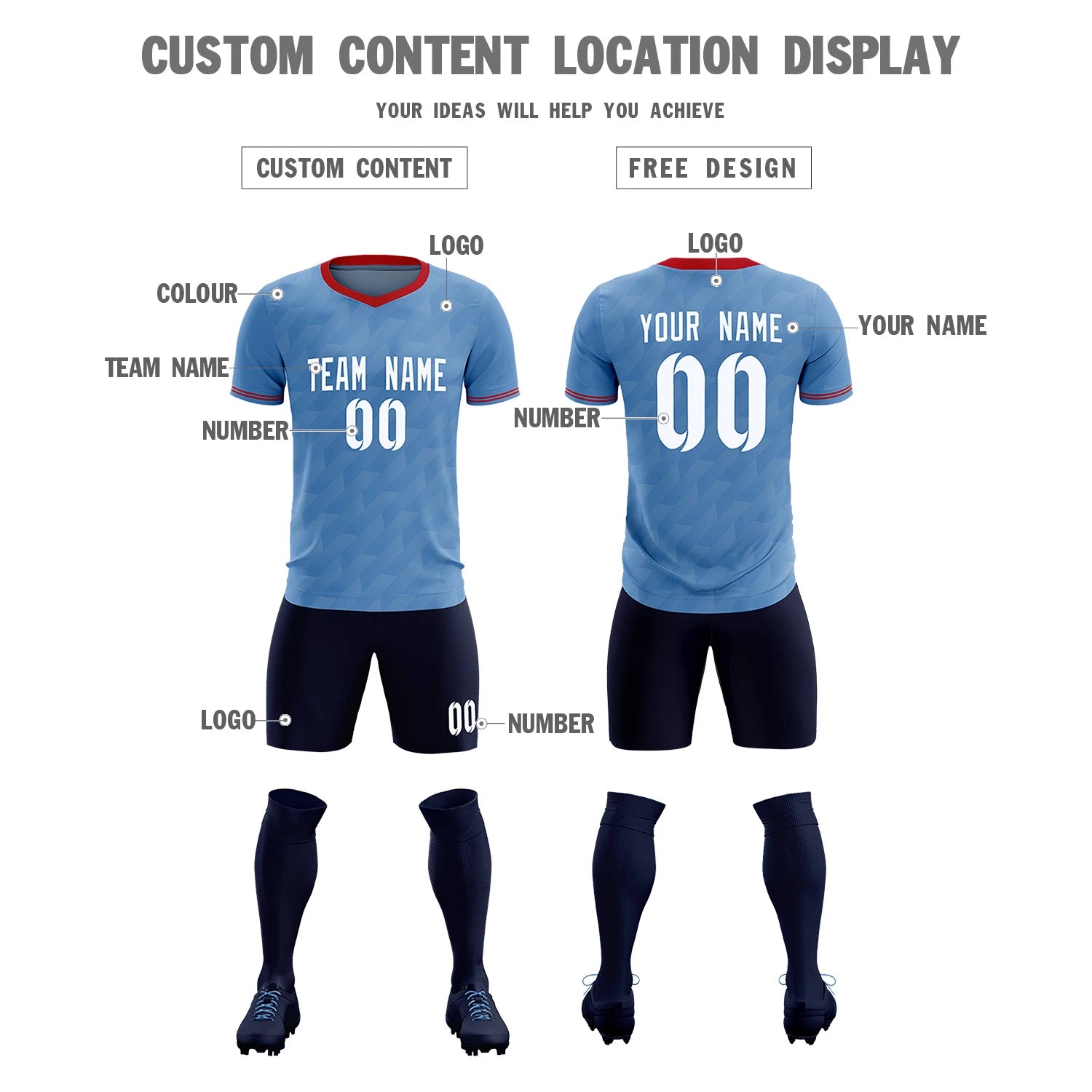 Custom Light Blue Red Training Uniform Soccer Sets Jersey