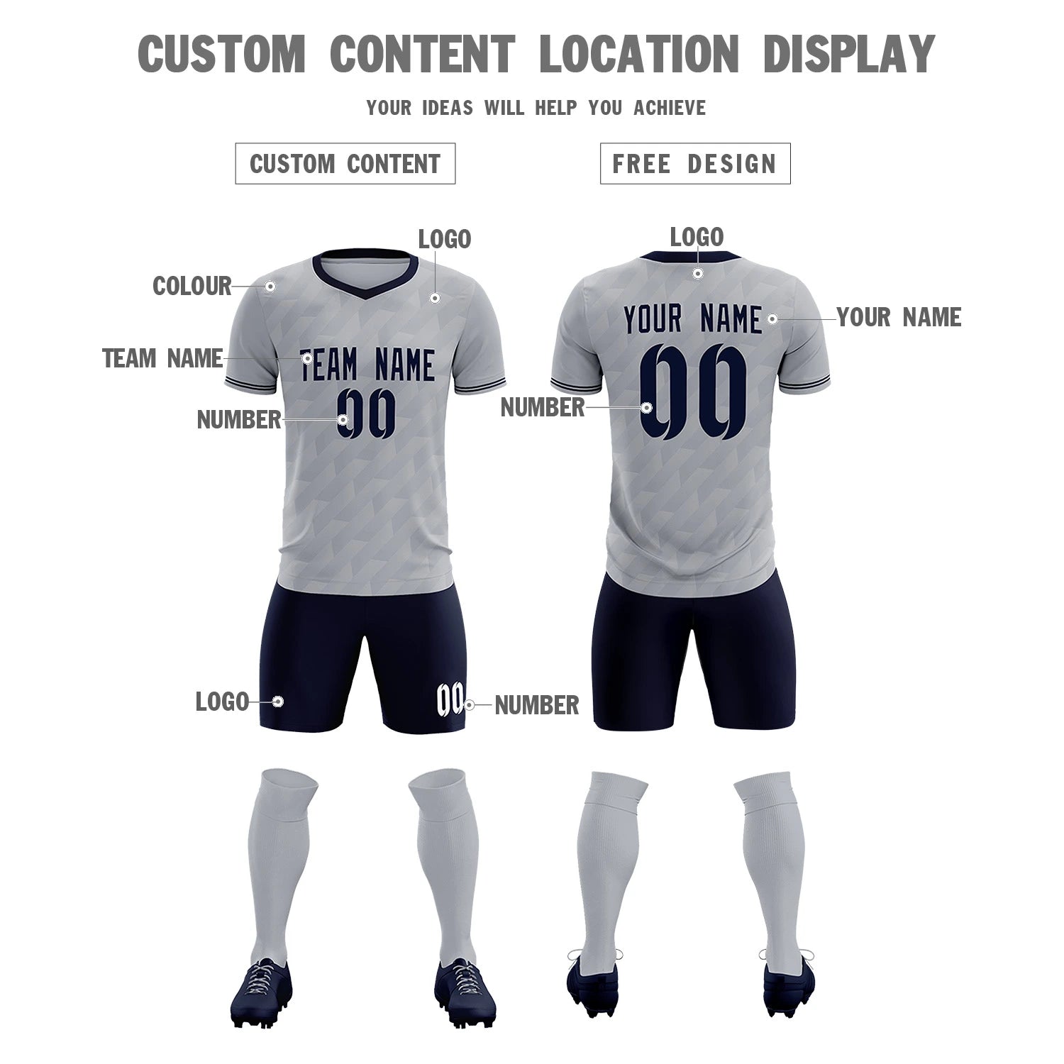 Custom Gray Navy Training Uniform Soccer Sets Jersey