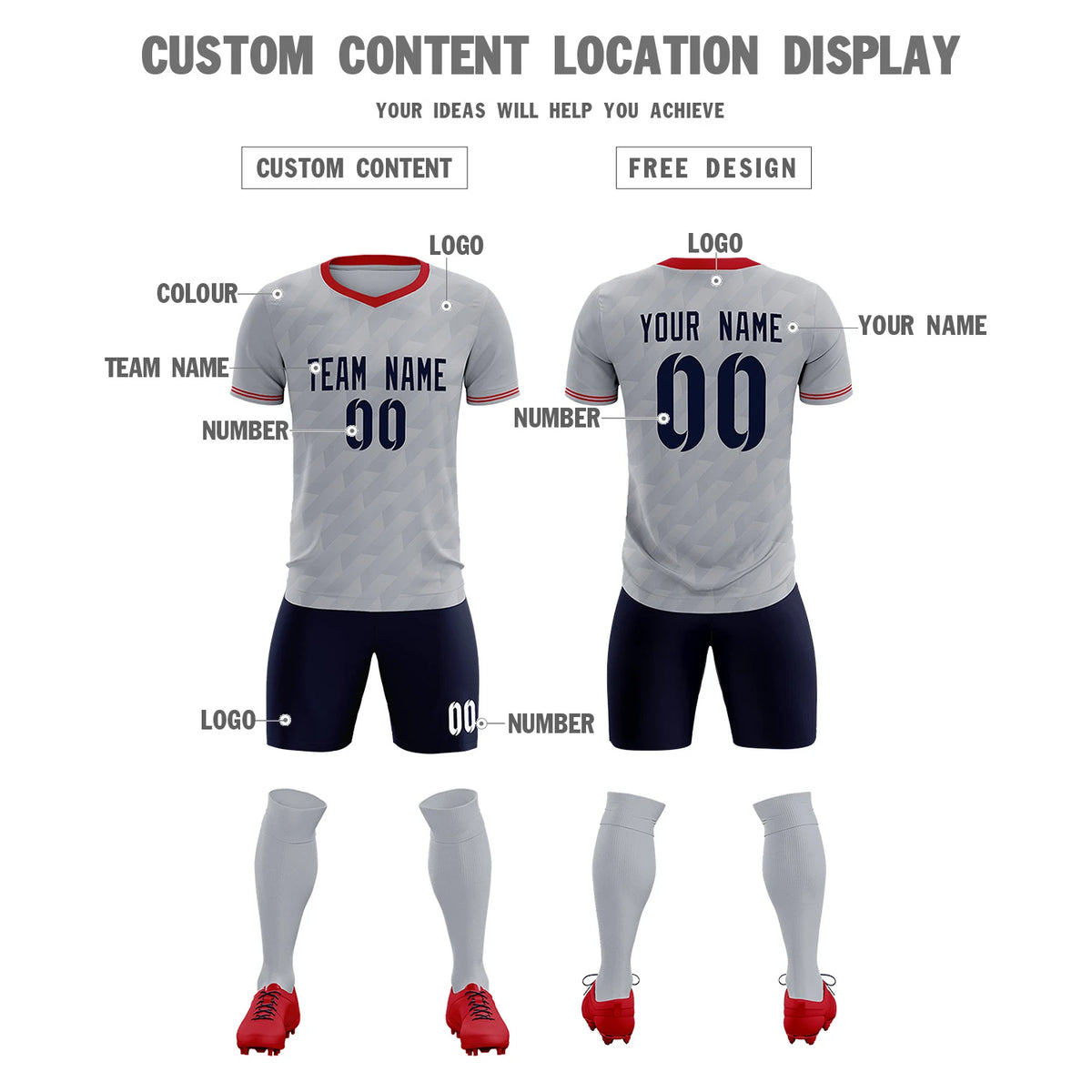 Custom Gray Red Training Uniform Soccer Sets Jersey