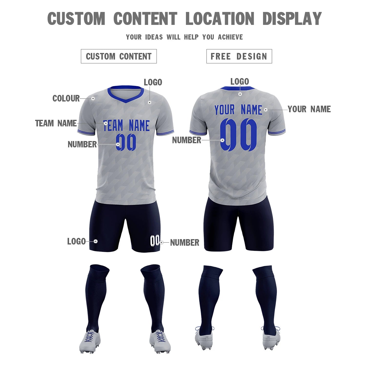 Custom Gray Royal Blue Training Uniform Soccer Sets Jersey