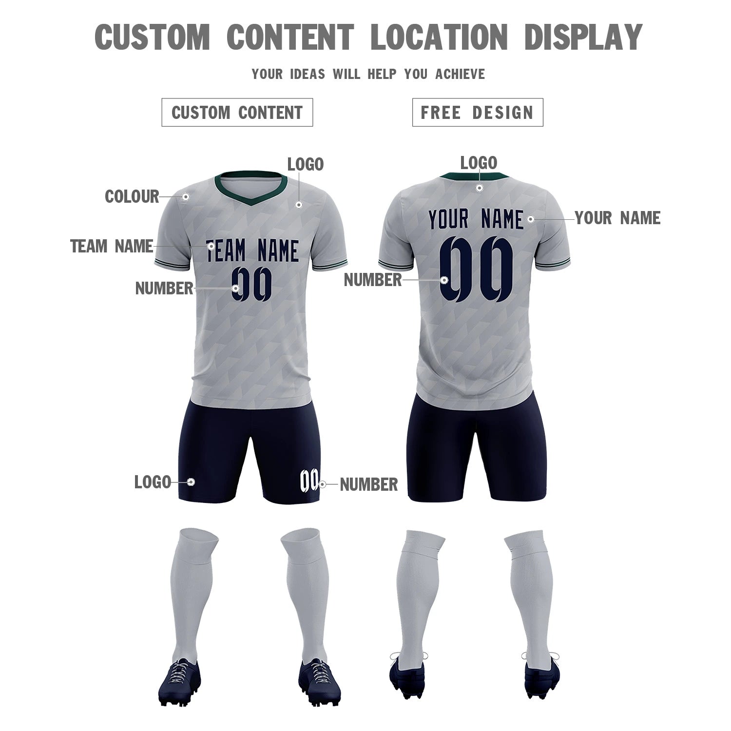 Custom Gray Midnight Green Training Uniform Soccer Sets Jersey