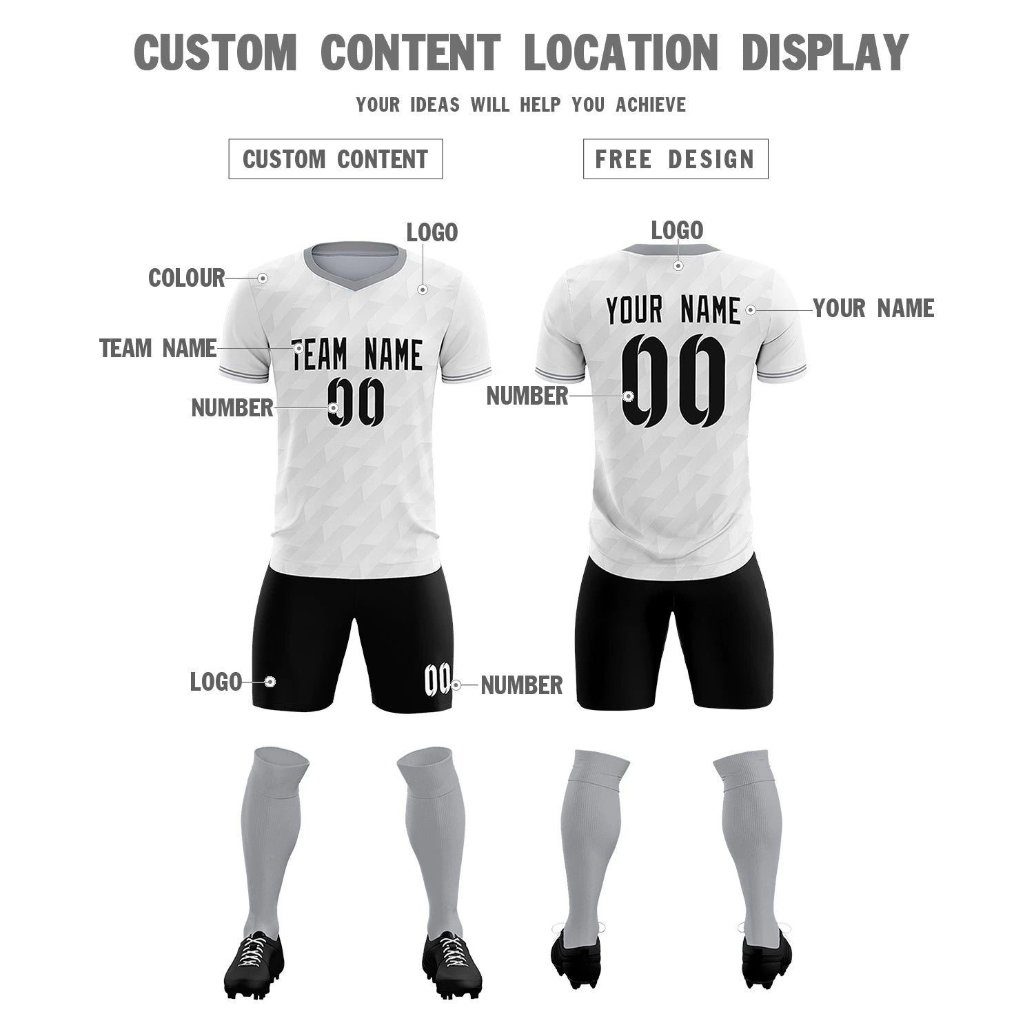 Custom White Gray Training Uniform Soccer Sets Jersey