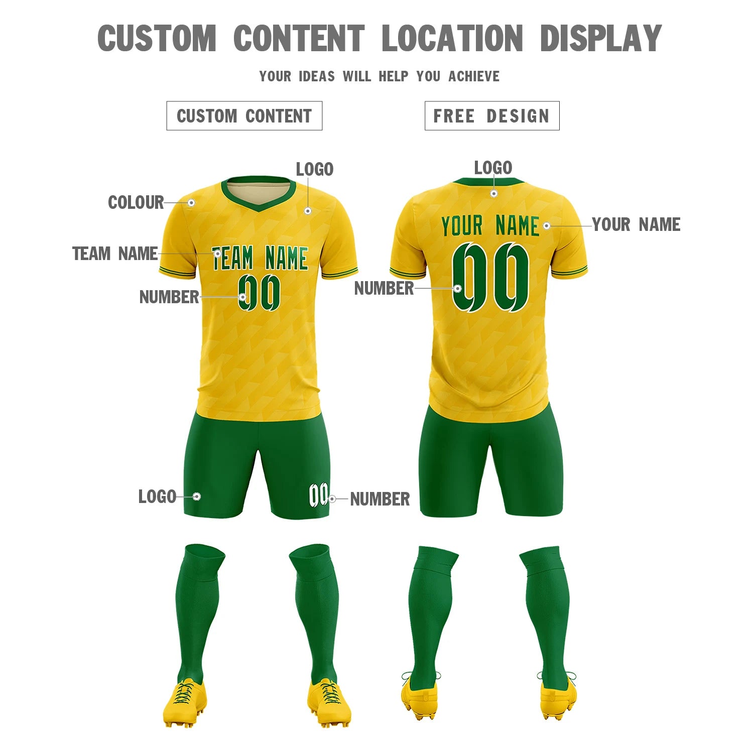 Custom Gold01 Kelly Green Training Uniform Soccer Sets Jersey