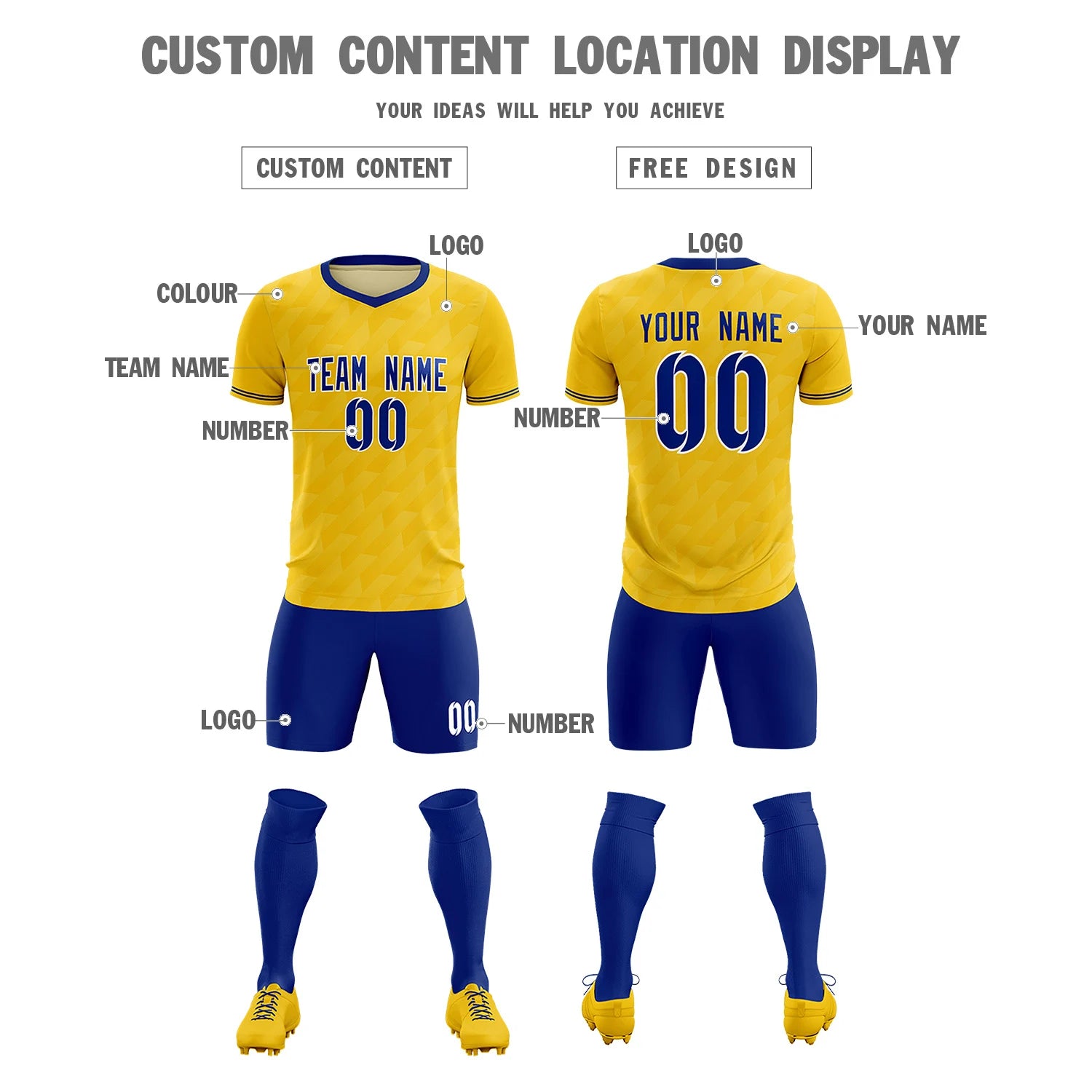 Custom Gold01 Royal Blue Training Uniform Soccer Sets Jersey