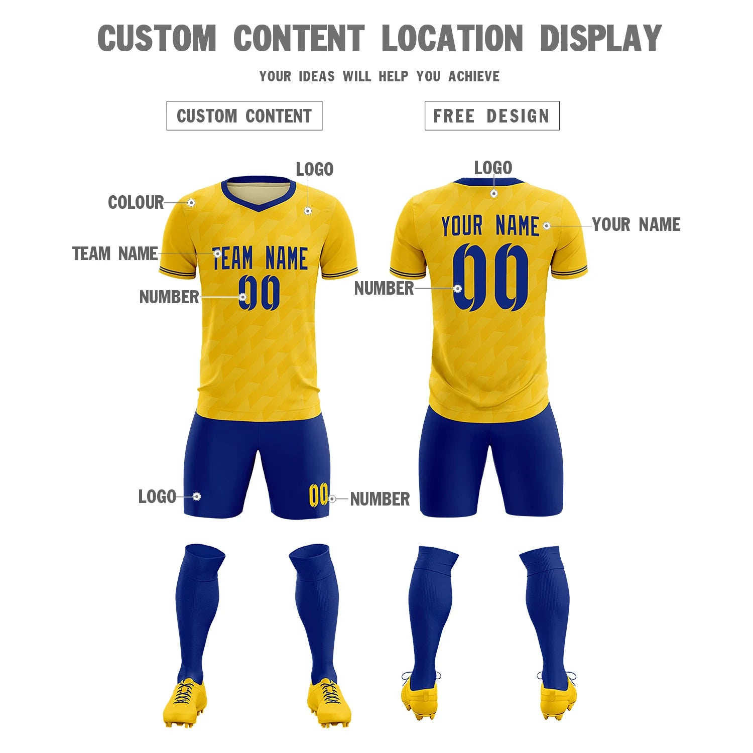 Custom Gold01 Royal Blue Training Uniform Soccer Sets Jersey