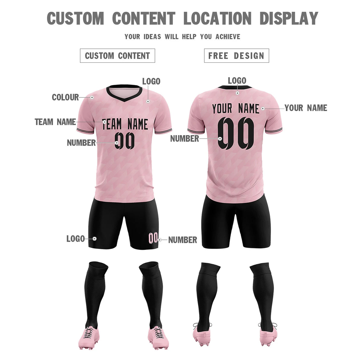 Custom Light Pink Black Training Uniform Soccer Sets Jersey