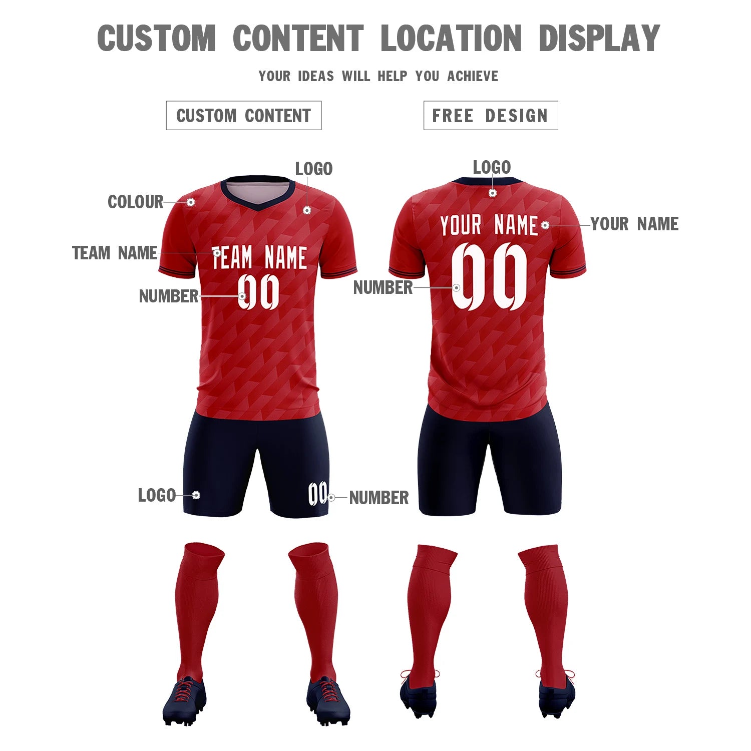 Custom Red Navy Training Uniform Soccer Sets Jersey