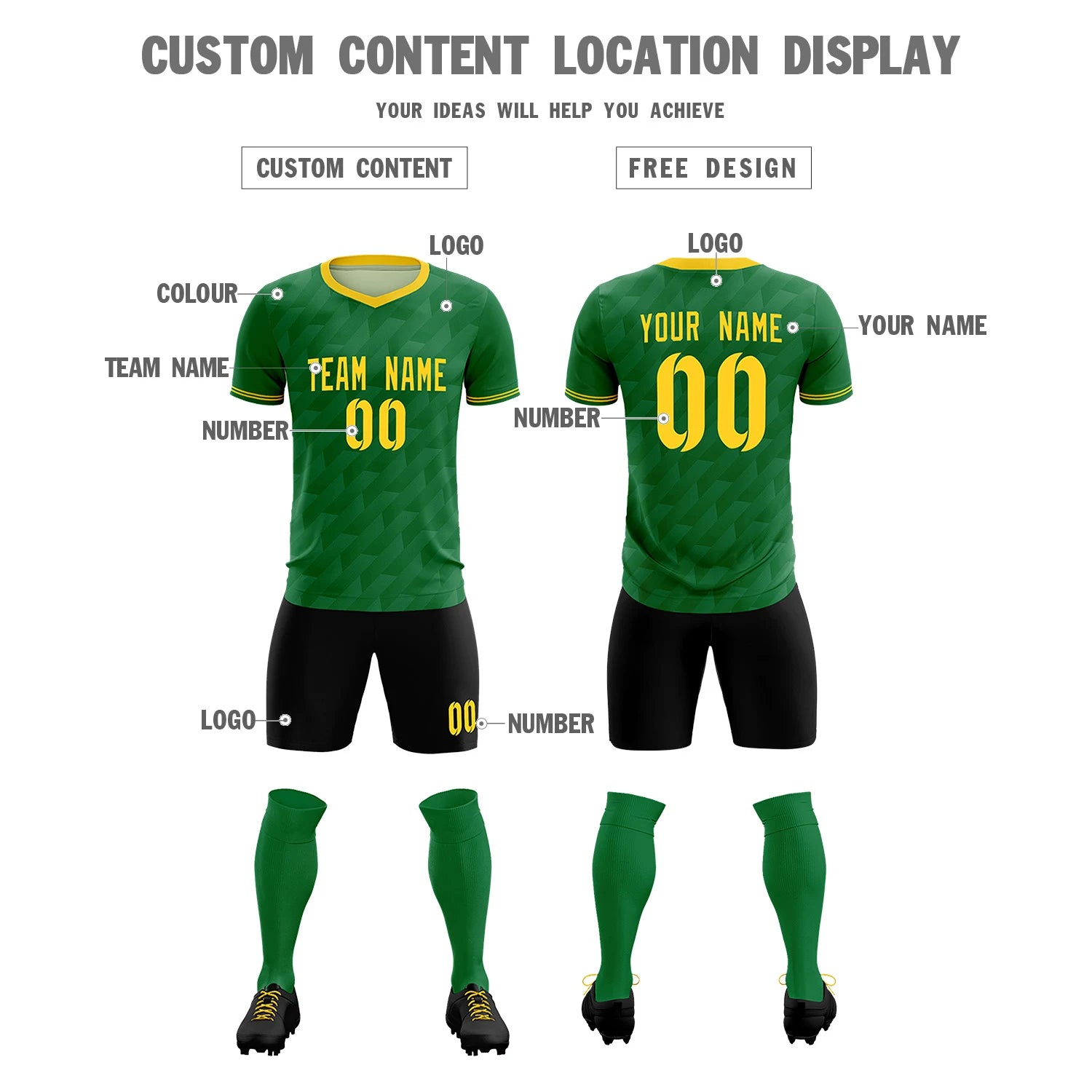 Custom Kelly Green Black Training Uniform Soccer Sets Jersey