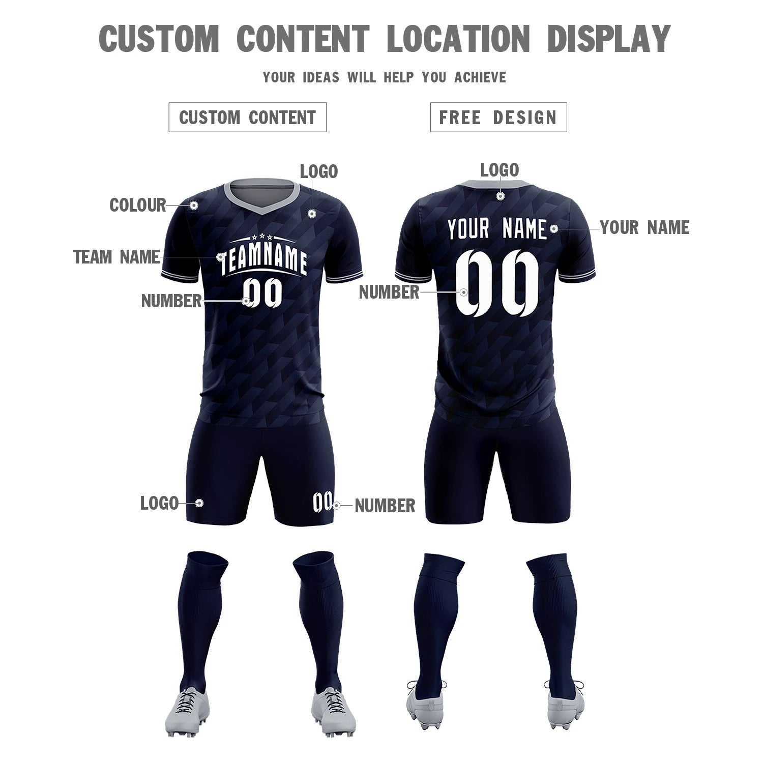 Custom Navy Gray Training Uniform Soccer Sets Jersey