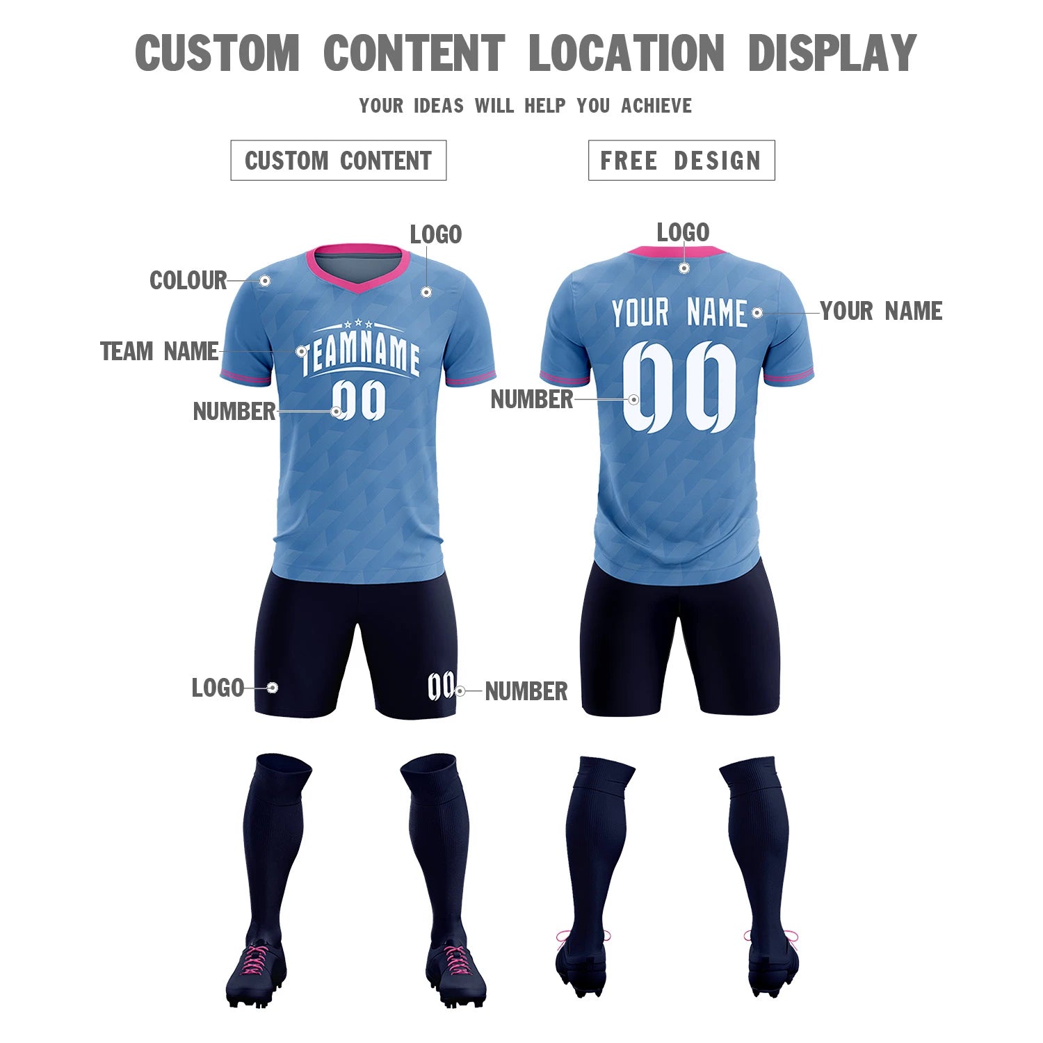 Custom Light Blue Pink Training Uniform Soccer Sets Jersey