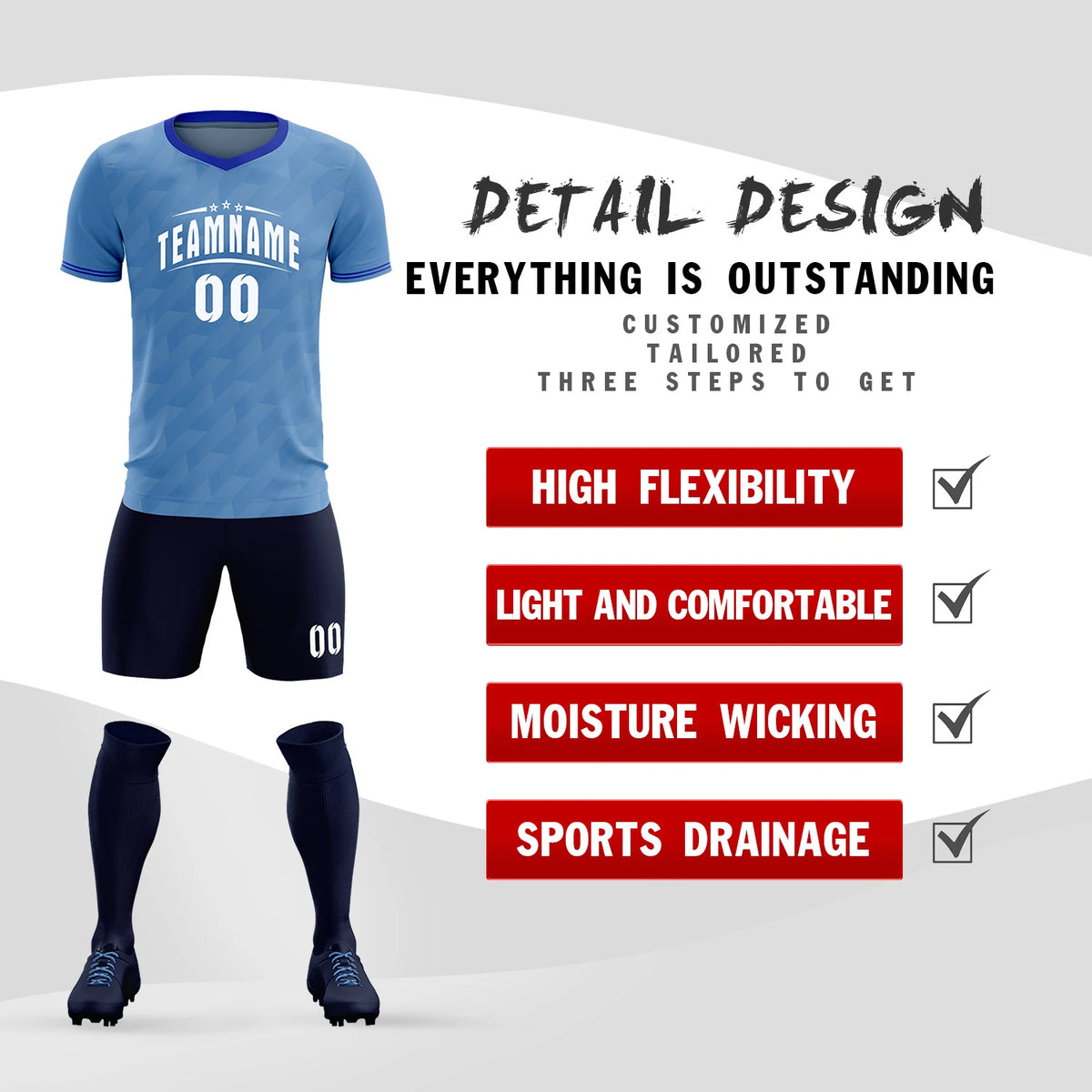 Custom Light Blue Royal Blue Training Uniform Soccer Sets Jersey