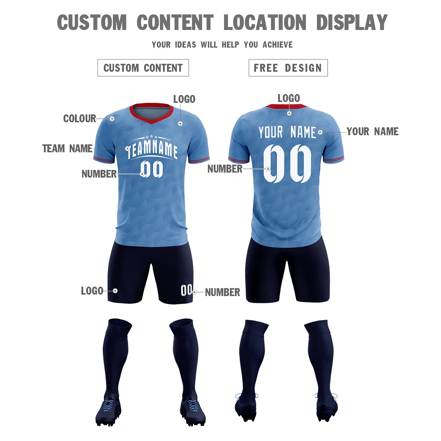 Custom Light Blue Red Training Uniform Soccer Sets Jersey