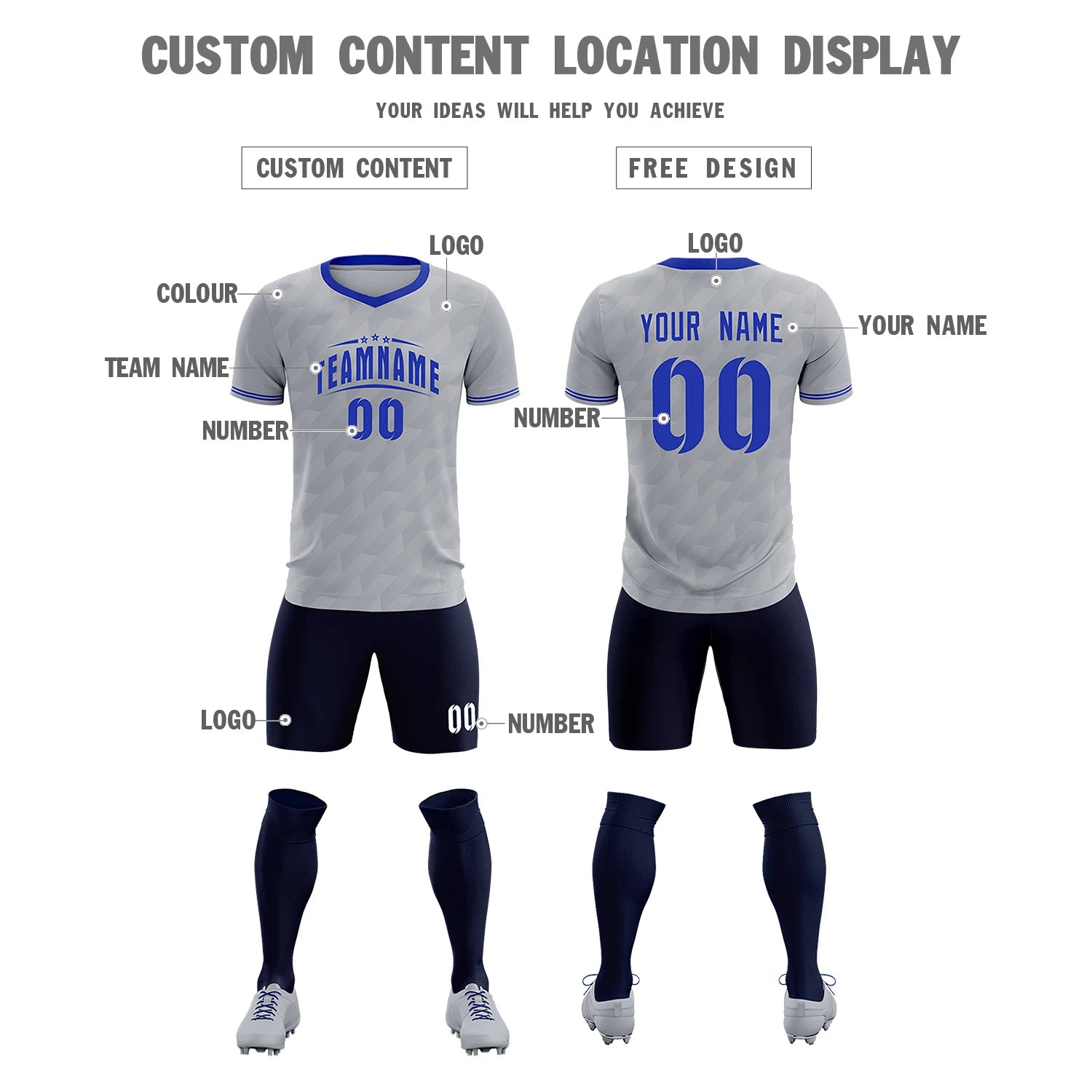 Custom Gray Royal Blue Training Uniform Soccer Sets Jersey