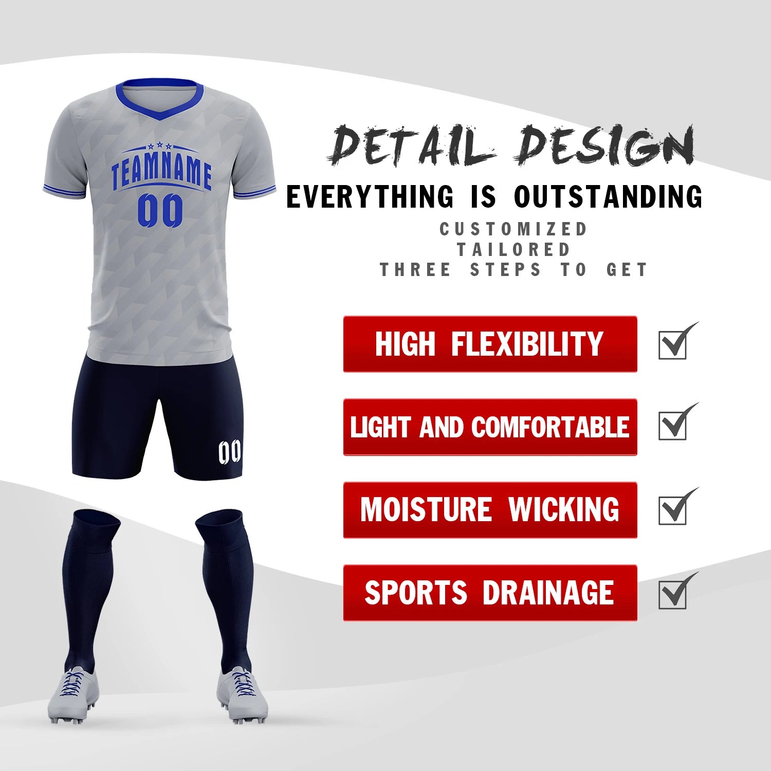 Custom Gray Royal Blue Training Uniform Soccer Sets Jersey